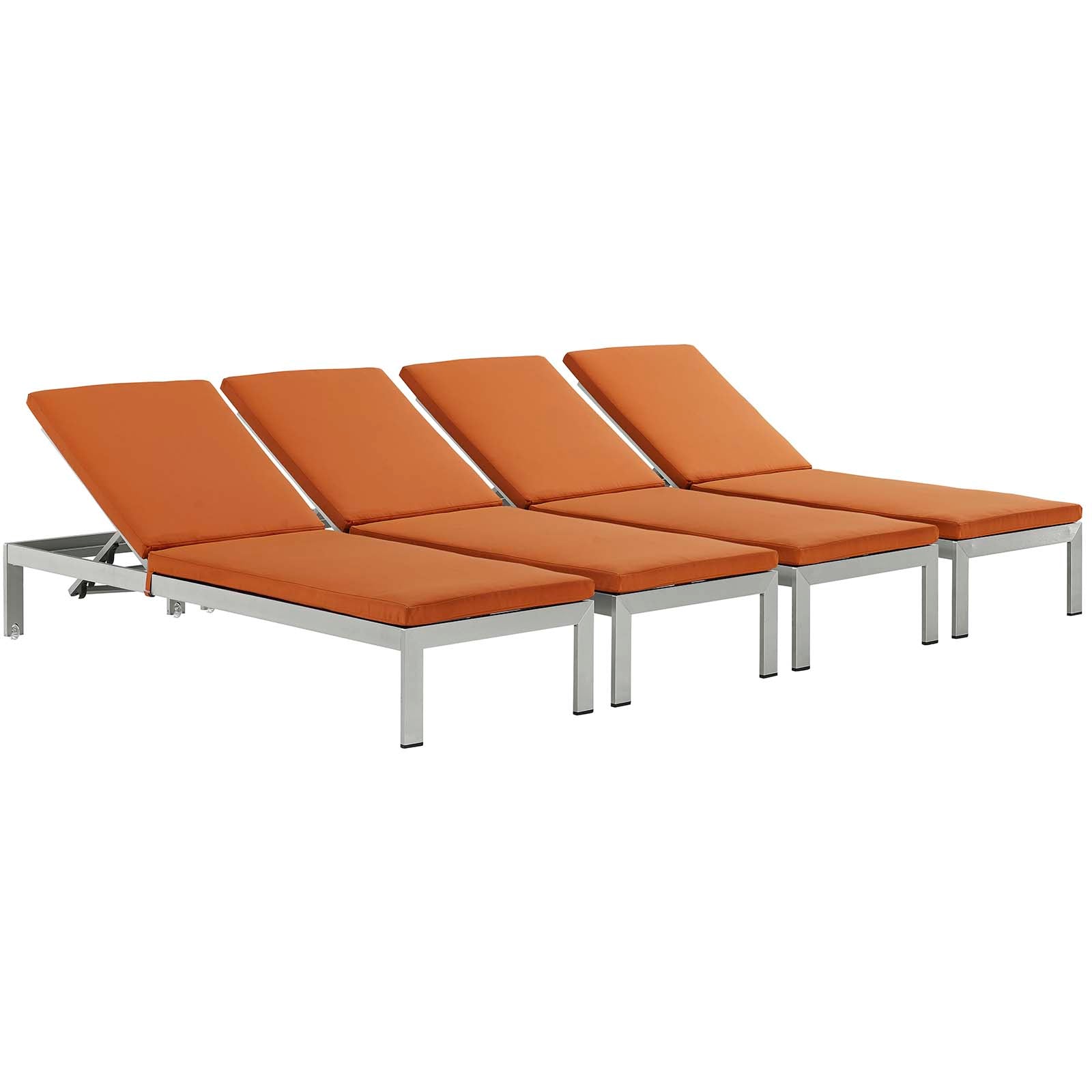 Modway Outdoor Loungers - Shore Chaise with Cushions Outdoor Patio Aluminum Silver Orange (Set of 4)
