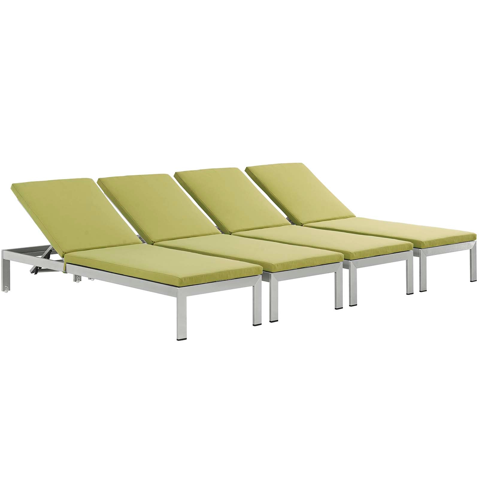 Modway Outdoor Loungers - Shore Chaise with Cushions Outdoor Patio Aluminum Set of 4 Silver Peridot