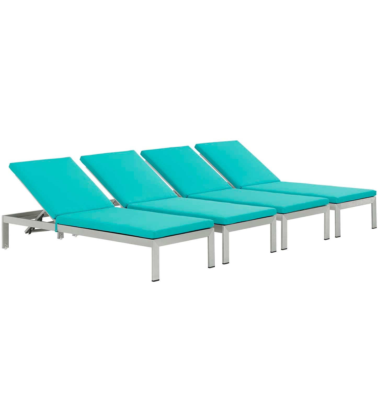 Modway Outdoor Loungers - Shore Chaise with Cushions Outdoor Patio Aluminum Set of 4 Silver Turquoise