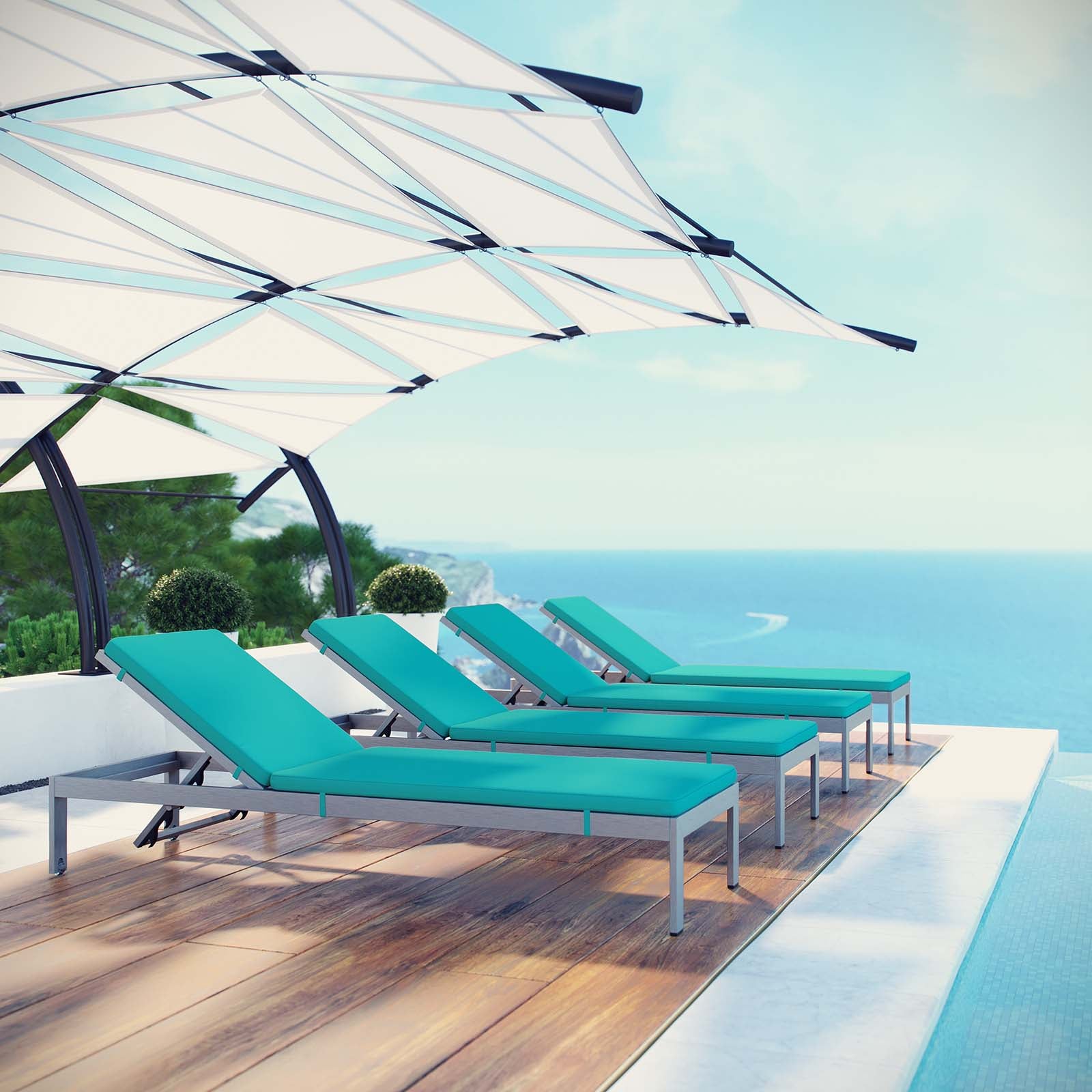 Modway Outdoor Loungers - Shore Chaise with Cushions Outdoor Patio Aluminum Set of 4 Silver Turquoise