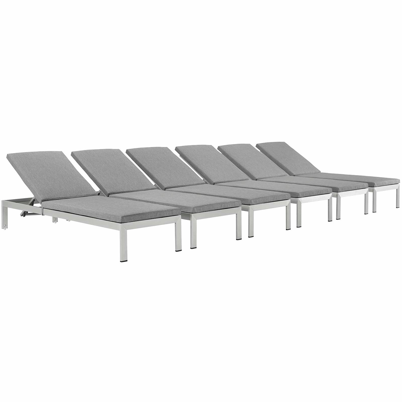 Modway Outdoor Loungers - Shore Chaise with Cushions Outdoor Patio Aluminum Set of 6 Silver Gray