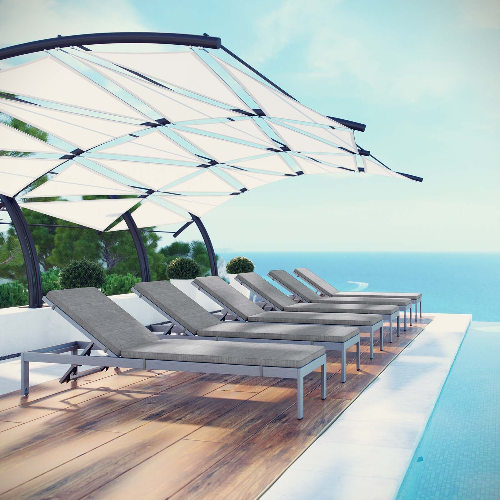 Modway Outdoor Loungers - Shore Chaise with Cushions Outdoor Patio Aluminum Set of 6 Silver Gray