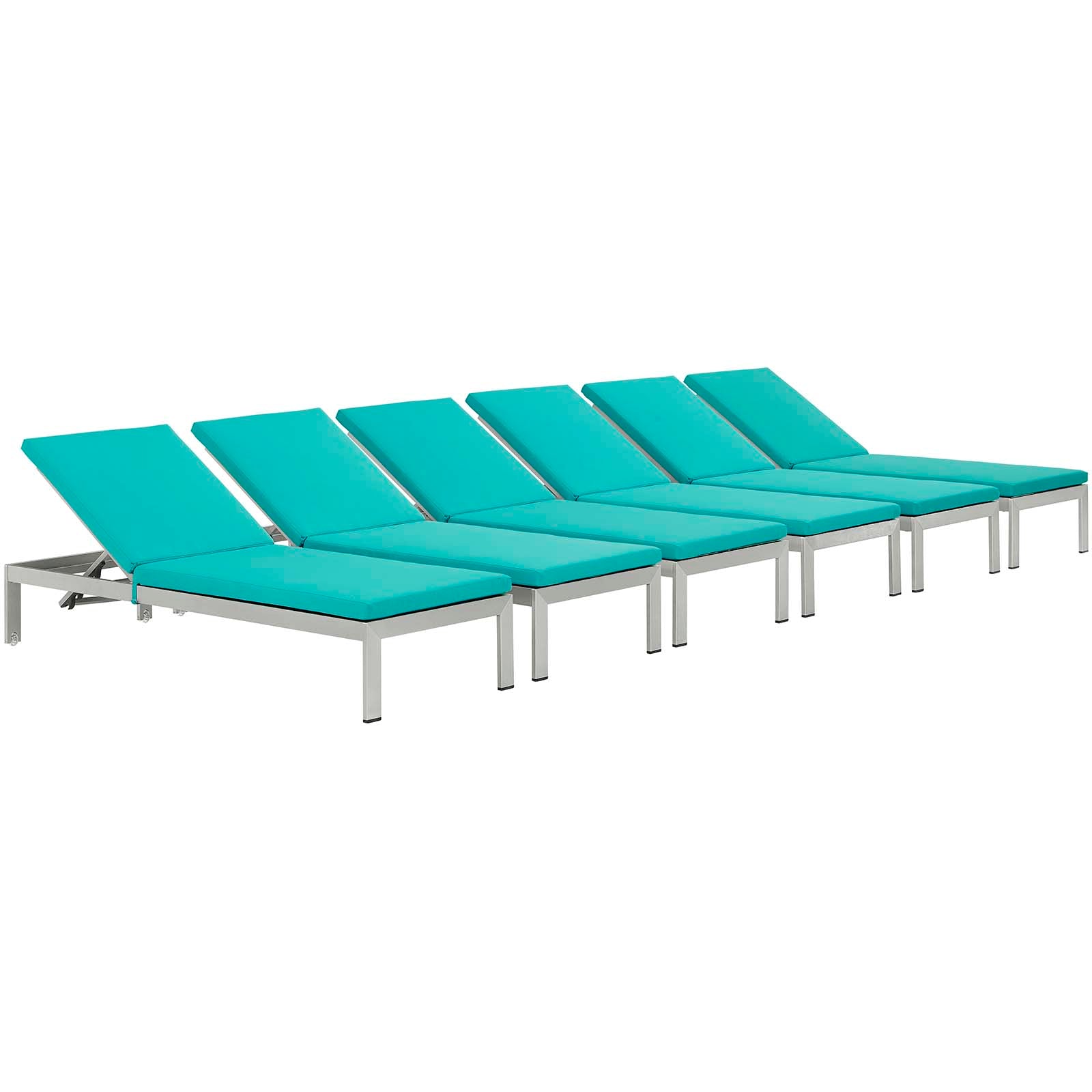 Modway Outdoor Loungers - Shore Chaise with Cushions Outdoor Patio Aluminum Set of 6 Silver Turquoise