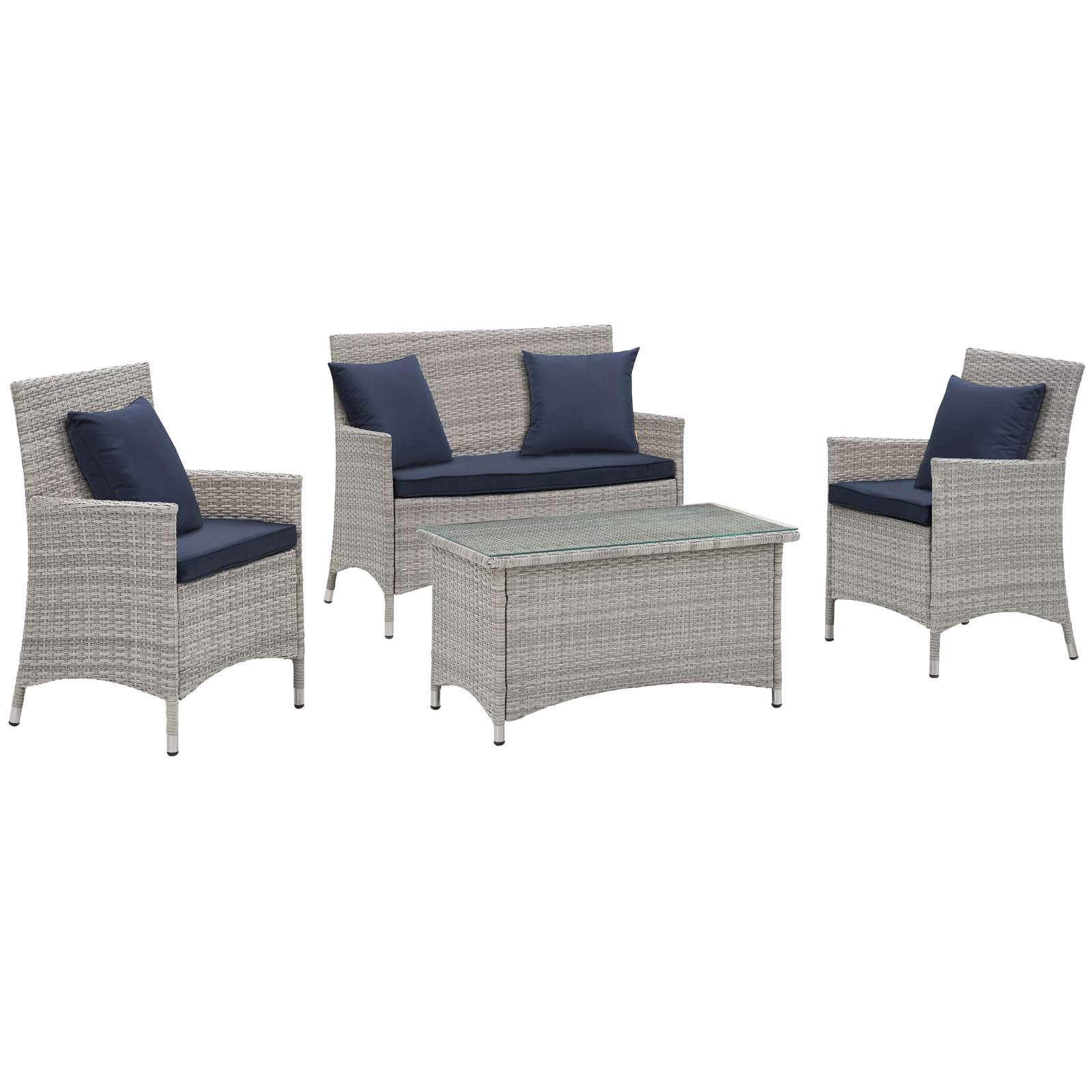 Modway Outdoor Conversation Sets - Bridge 4 Piece Outdoor Patio Patio Conversation Set with Pillow Set Light Gray Navy