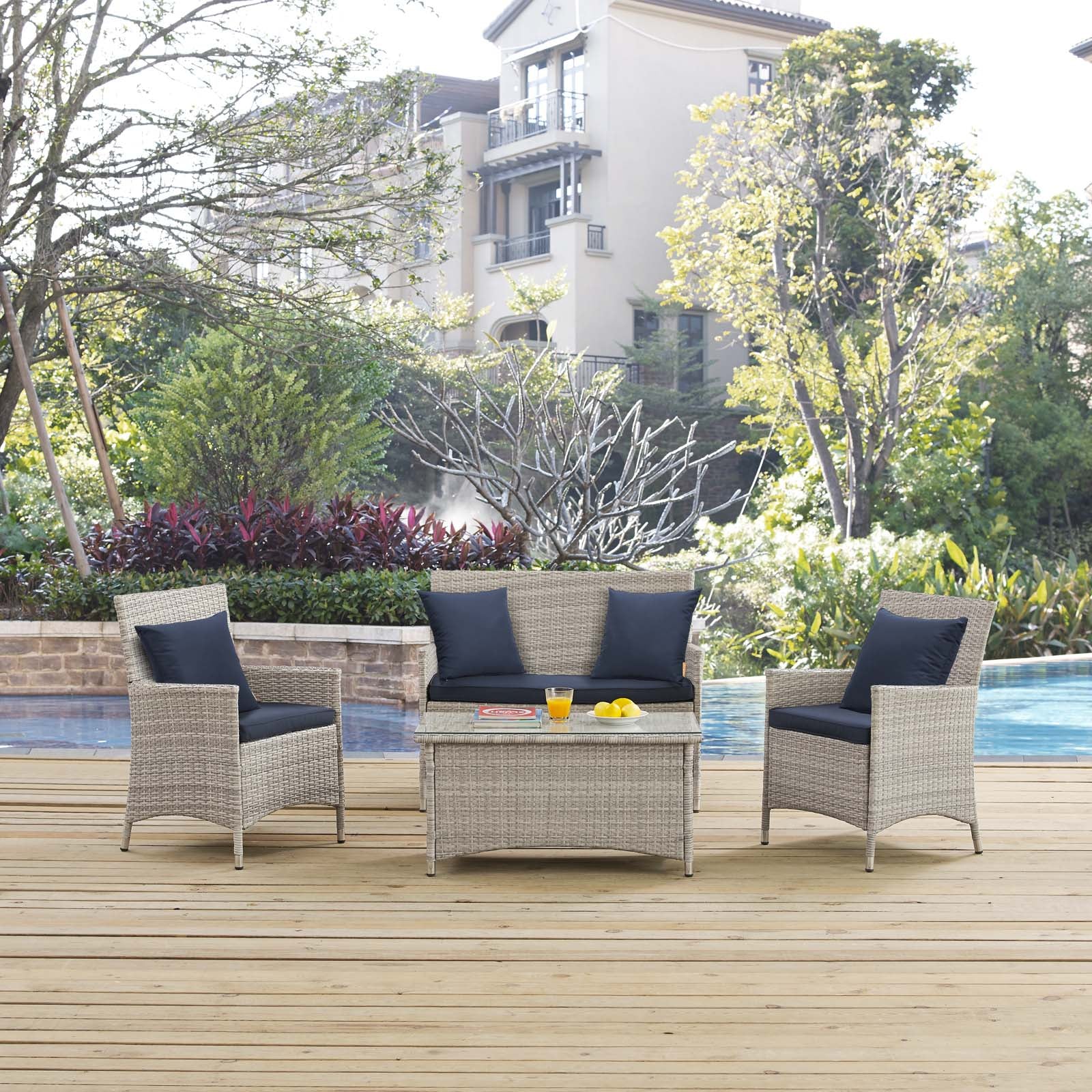 Modway Outdoor Conversation Sets - Bridge 4 Piece Outdoor Patio Patio Conversation Set with Pillow Set Light Gray Navy