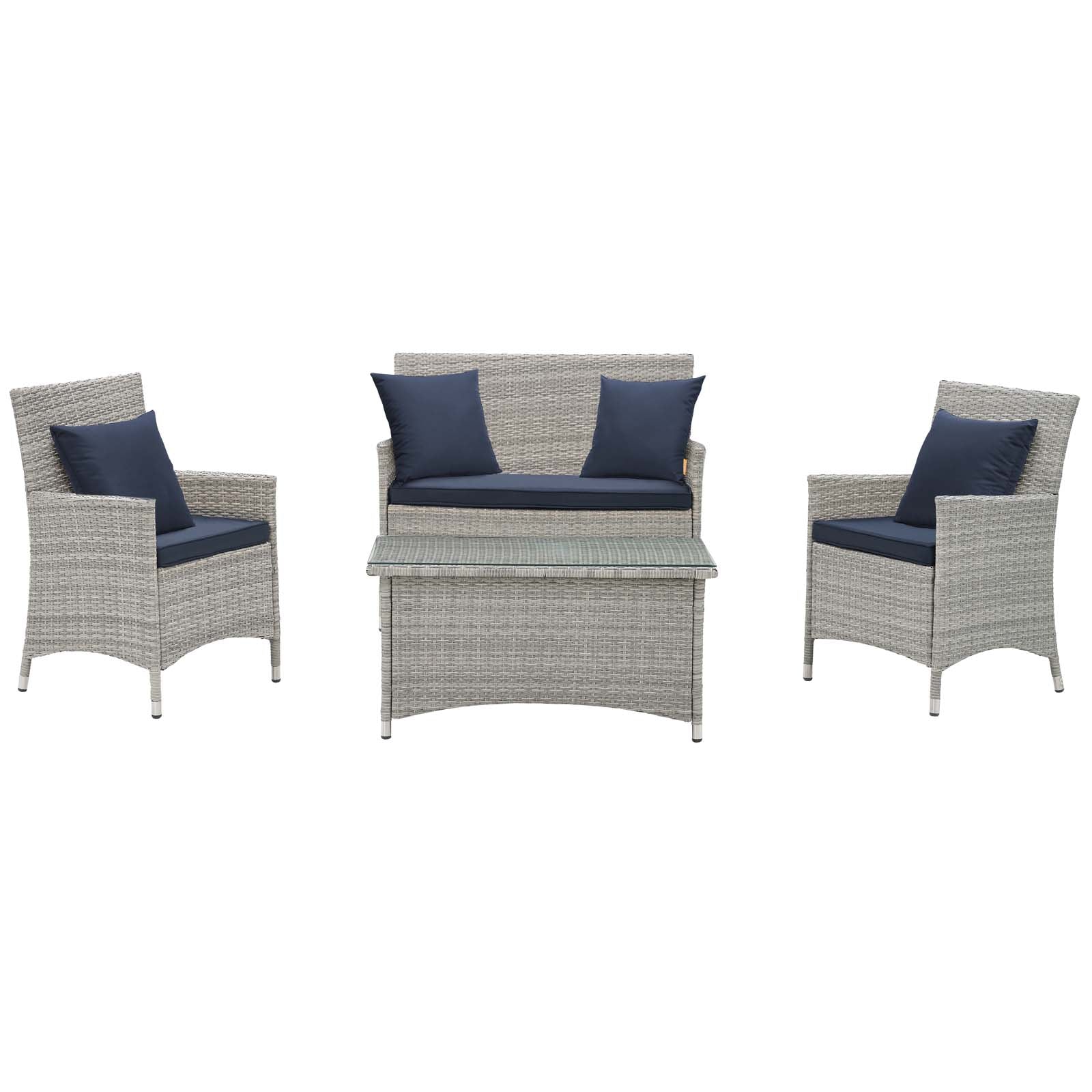 Modway Outdoor Conversation Sets - Bridge 4 Piece Outdoor Patio Patio Conversation Set with Pillow Set Light Gray Navy