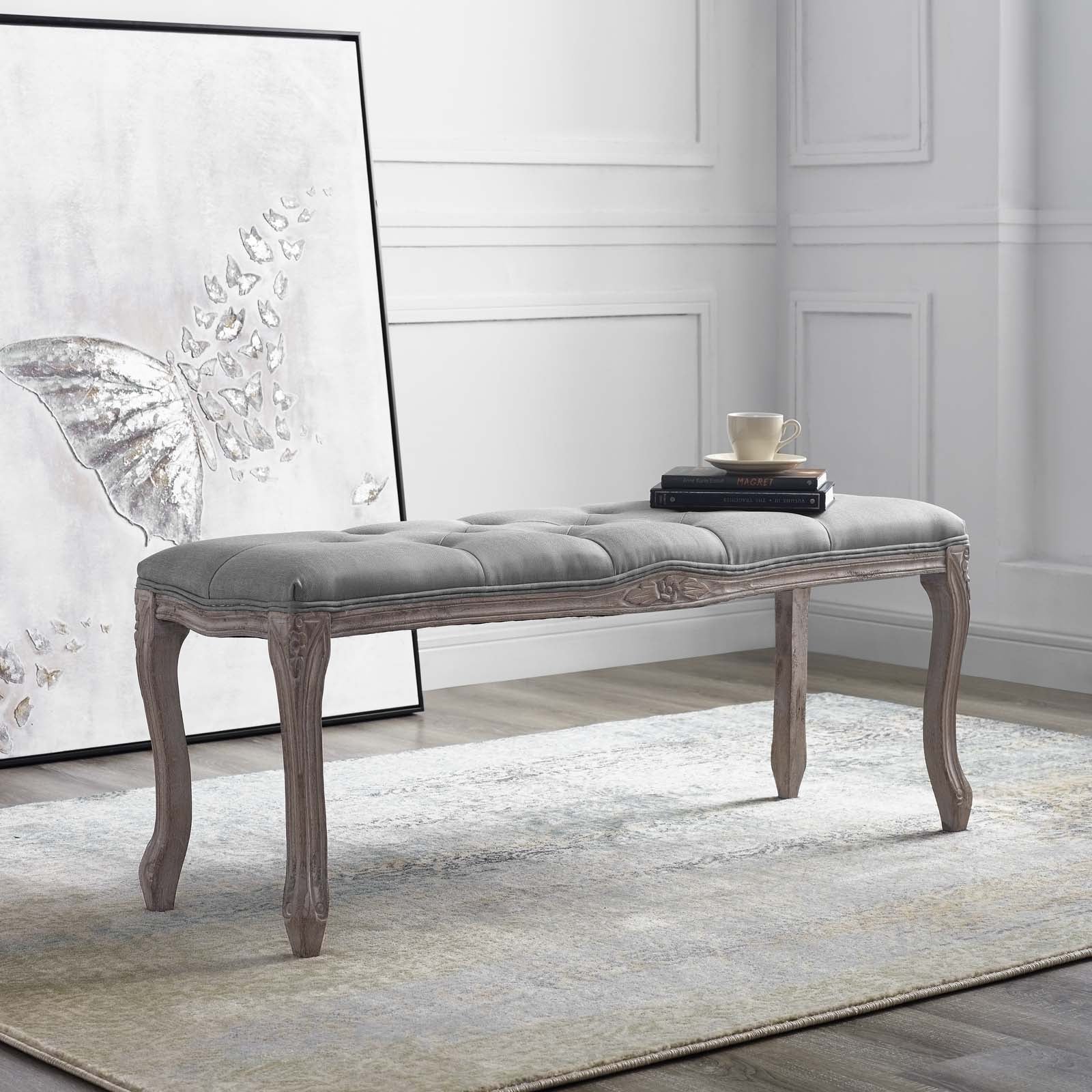 Modway Benches - Regal Vintage French Upholstered Fabric Bench Light Gray