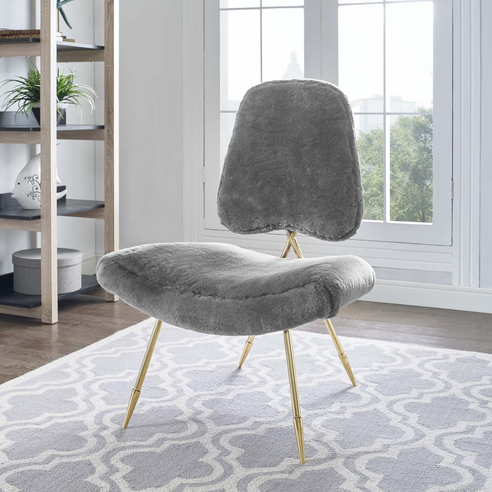 Modway Accent Chairs - Ponder Upholstered Sheepskin Fur Lounge Chair Gray