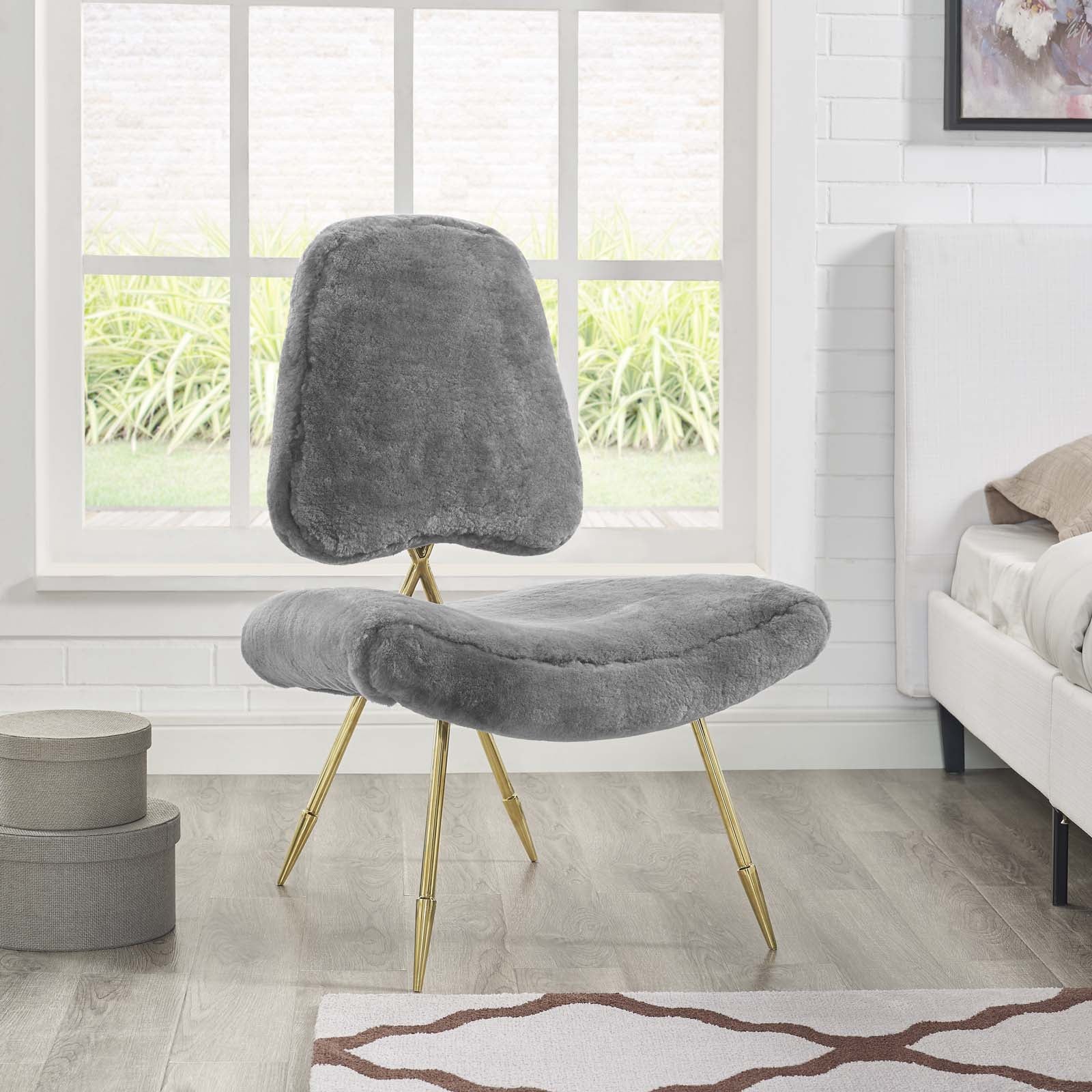 Modway Accent Chairs - Ponder Upholstered Sheepskin Fur Lounge Chair Gray
