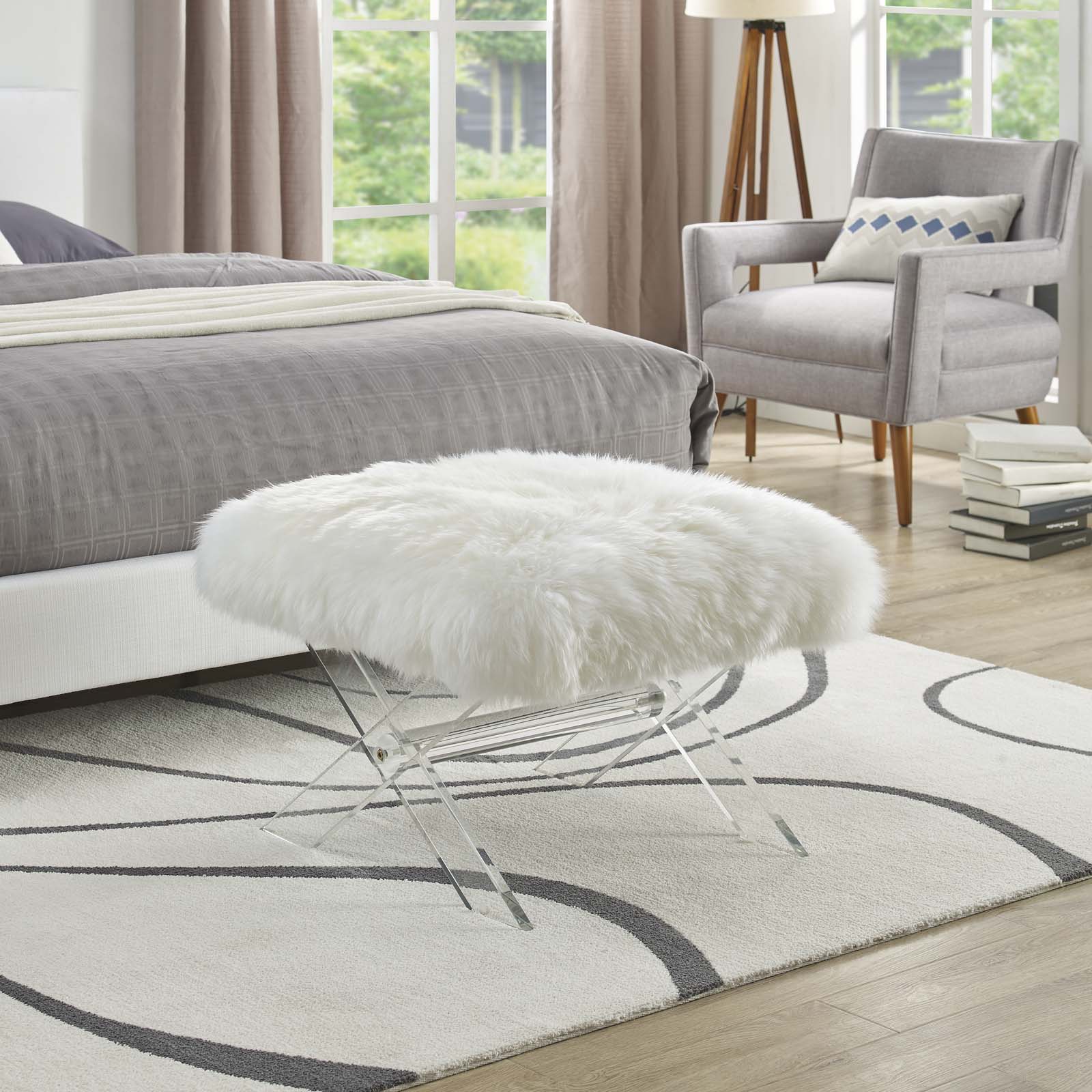 Modway Benches - Swift Sheepskin Bench Clear White