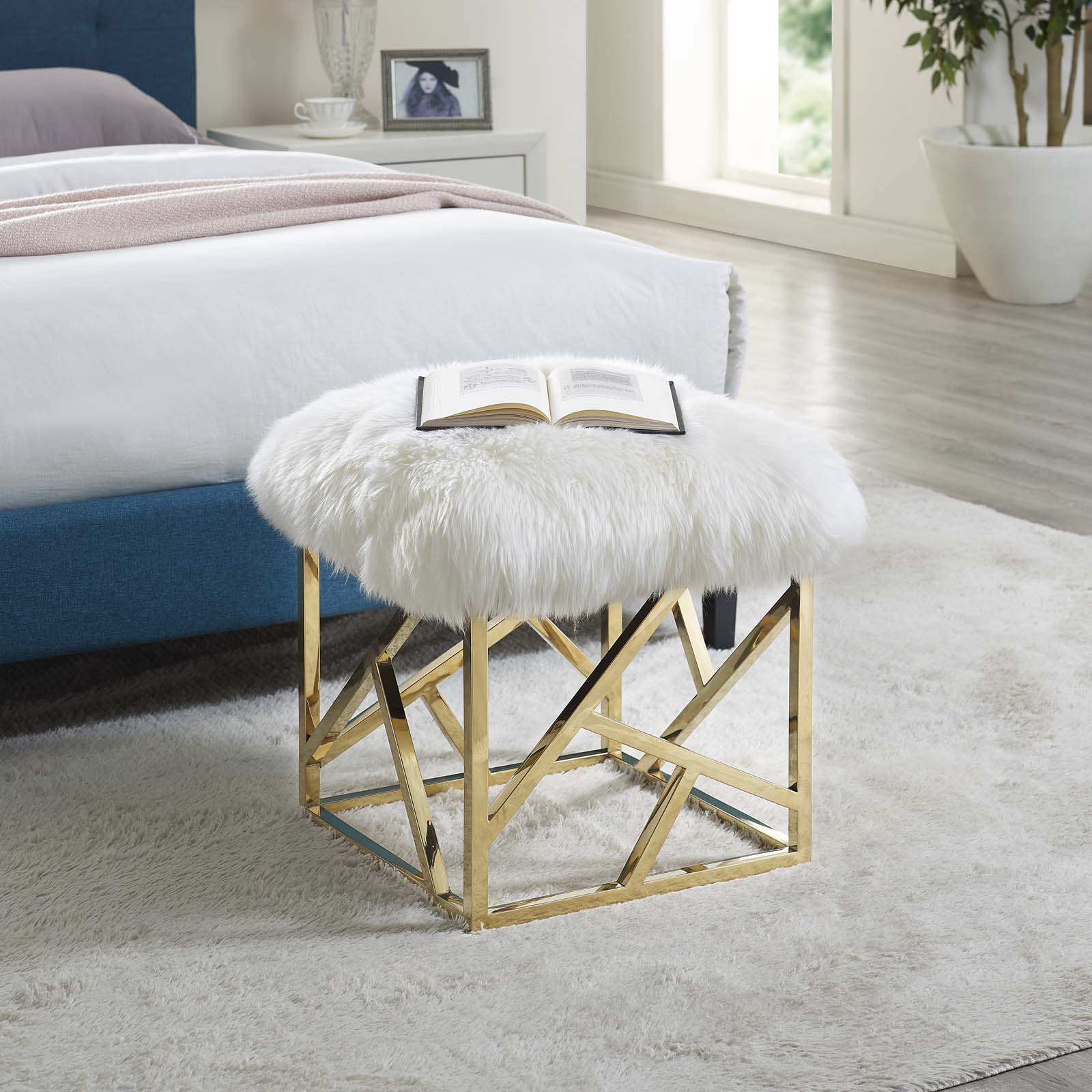 Modway Ottomans & Stools - Intersperse Sheepskin Ottoman Gold White
