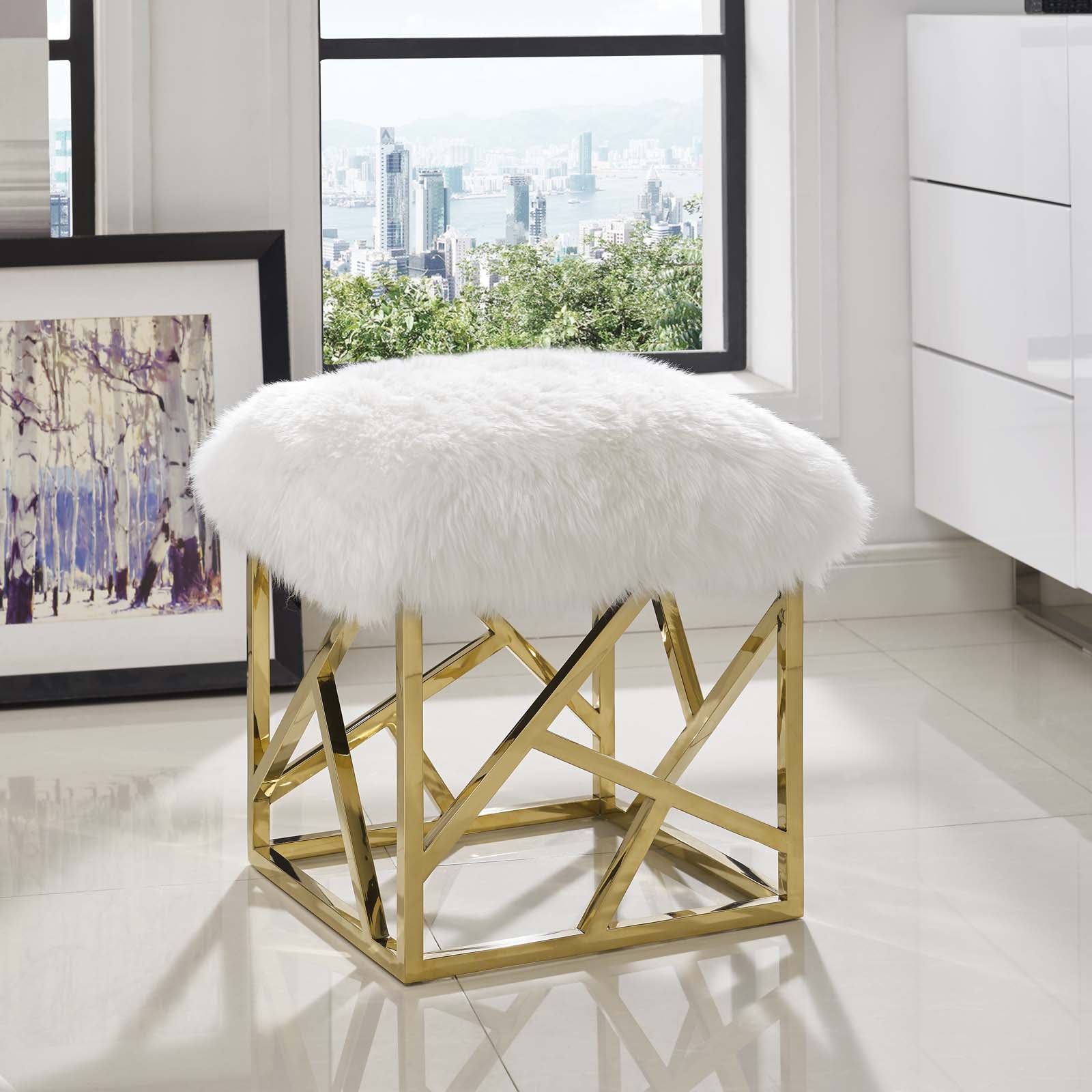 Modway Ottomans & Stools - Intersperse Sheepskin Ottoman Gold White