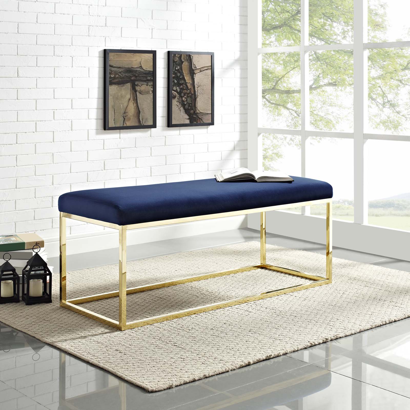 Modway Benches - Anticipate Fabric Bench Gold Navy