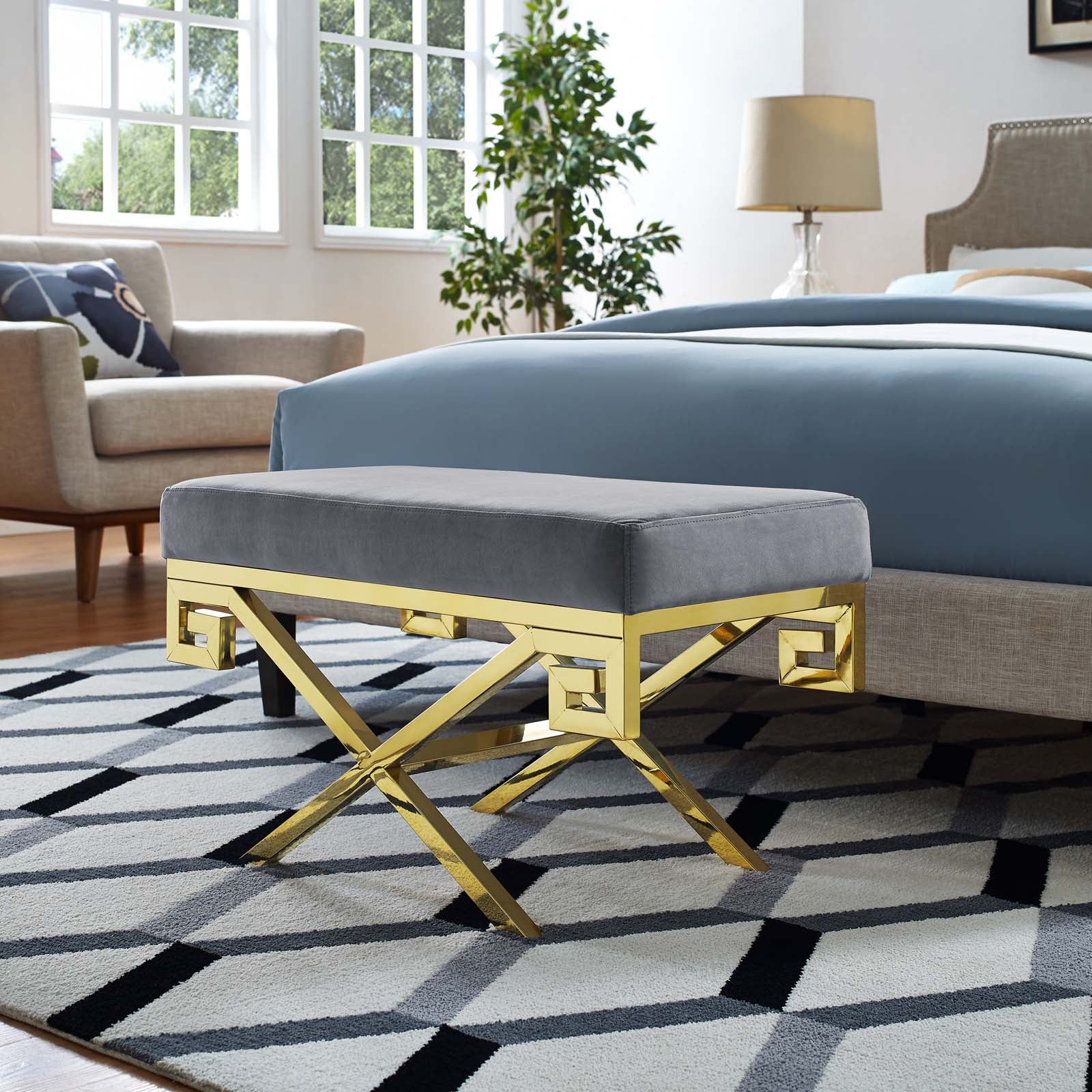 Modway Benches - Rove Velvet Performance Velvet Bench Gold Gray