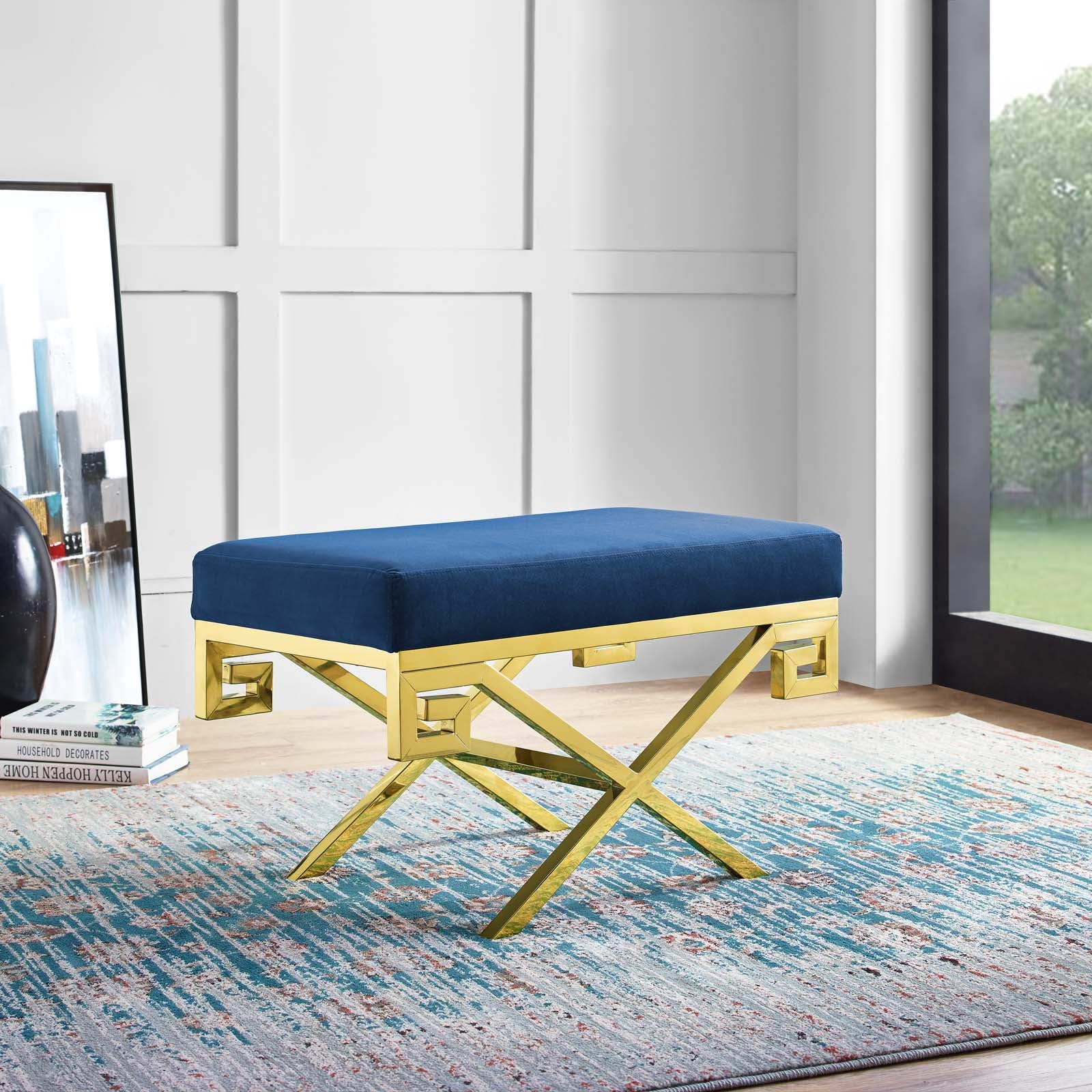 Modway Benches - Rove Velvet Performance Velvet Bench Gold Navy