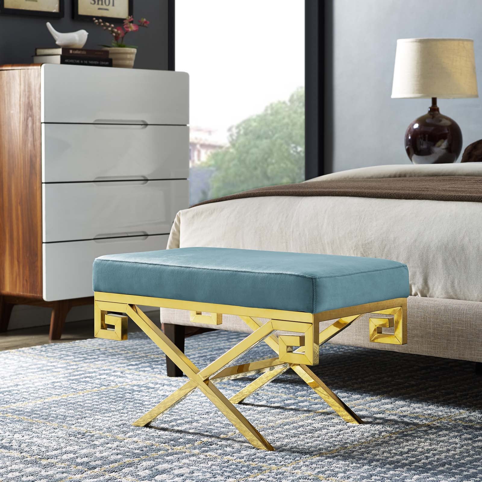 Modway Benches - Rove Velvet Performance Velvet Bench Sea Blue