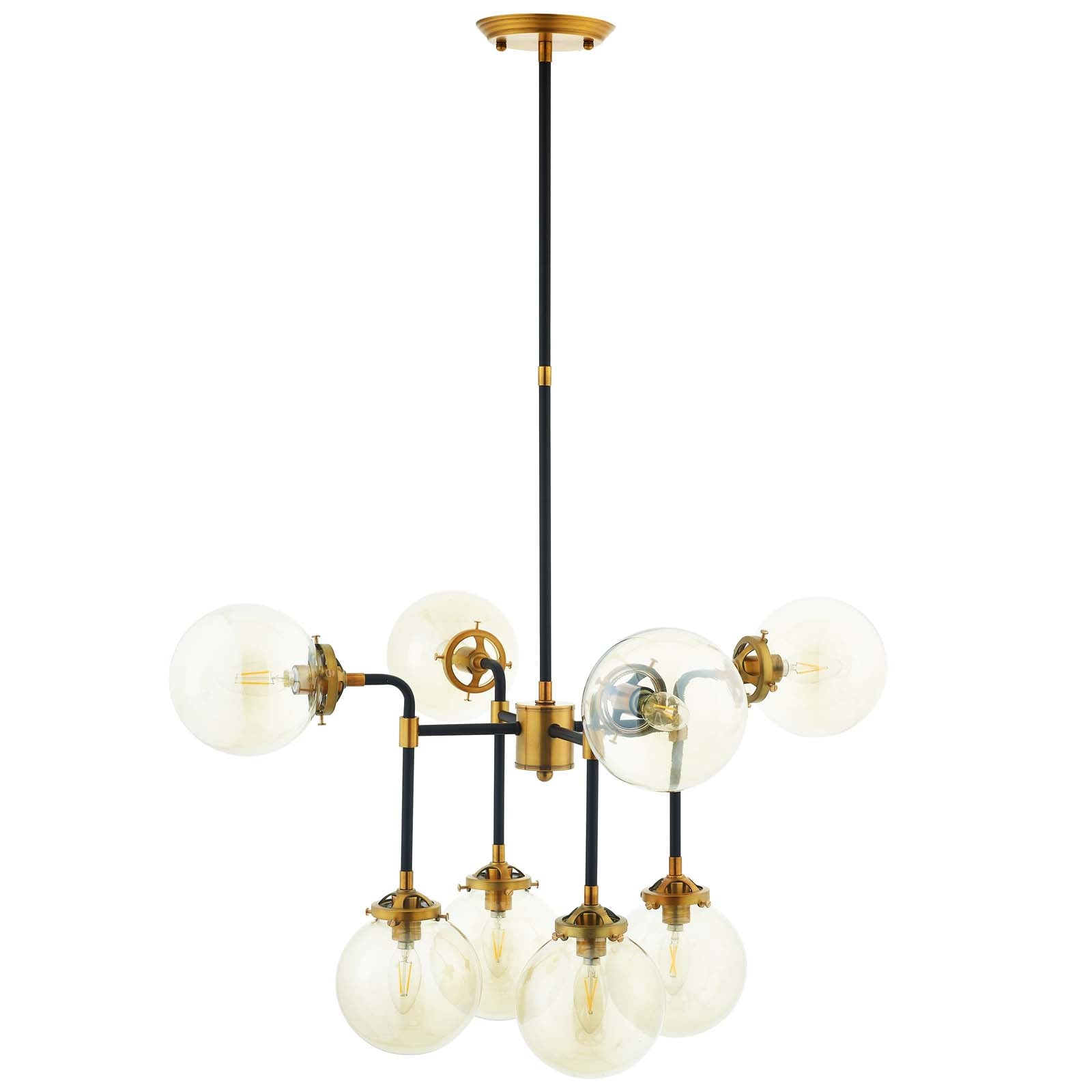 Modway Ceiling Lights - Ambition Amber Glass And Antique Brass 8 Light Pendant Chandelier Antique Brass