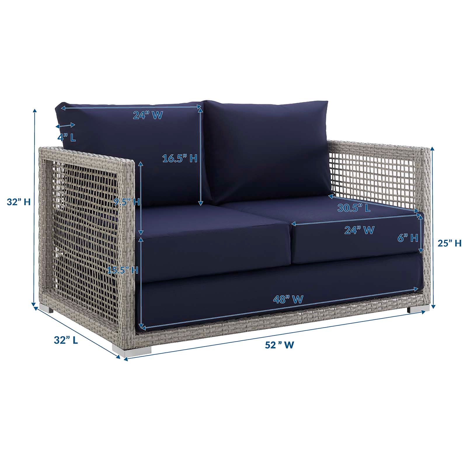 Modway Outdoor Sofas - Aura Outdoor Patio Wicker Rattan Loveseat Gray Navy