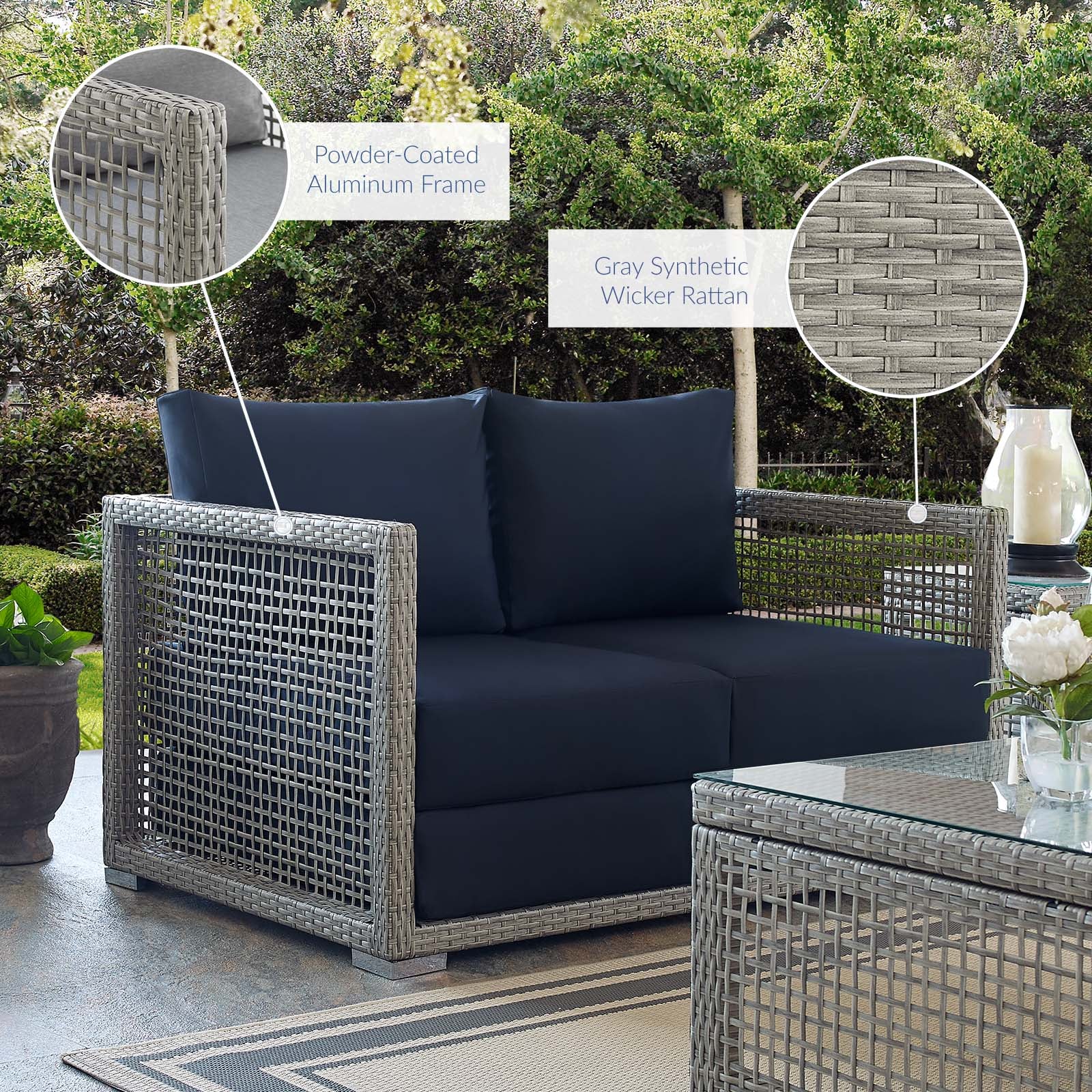 Modway Outdoor Sofas - Aura Outdoor Patio Wicker Rattan Loveseat Gray Navy