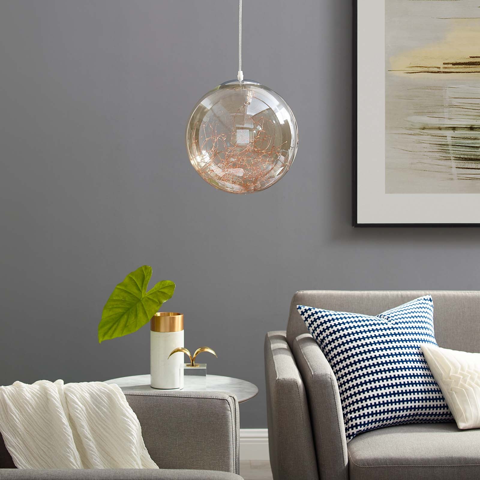 Modway Ceiling Lights - Fairy 8" Amber Glass Globe Ceiling Light Pendant Chandelier Chrome