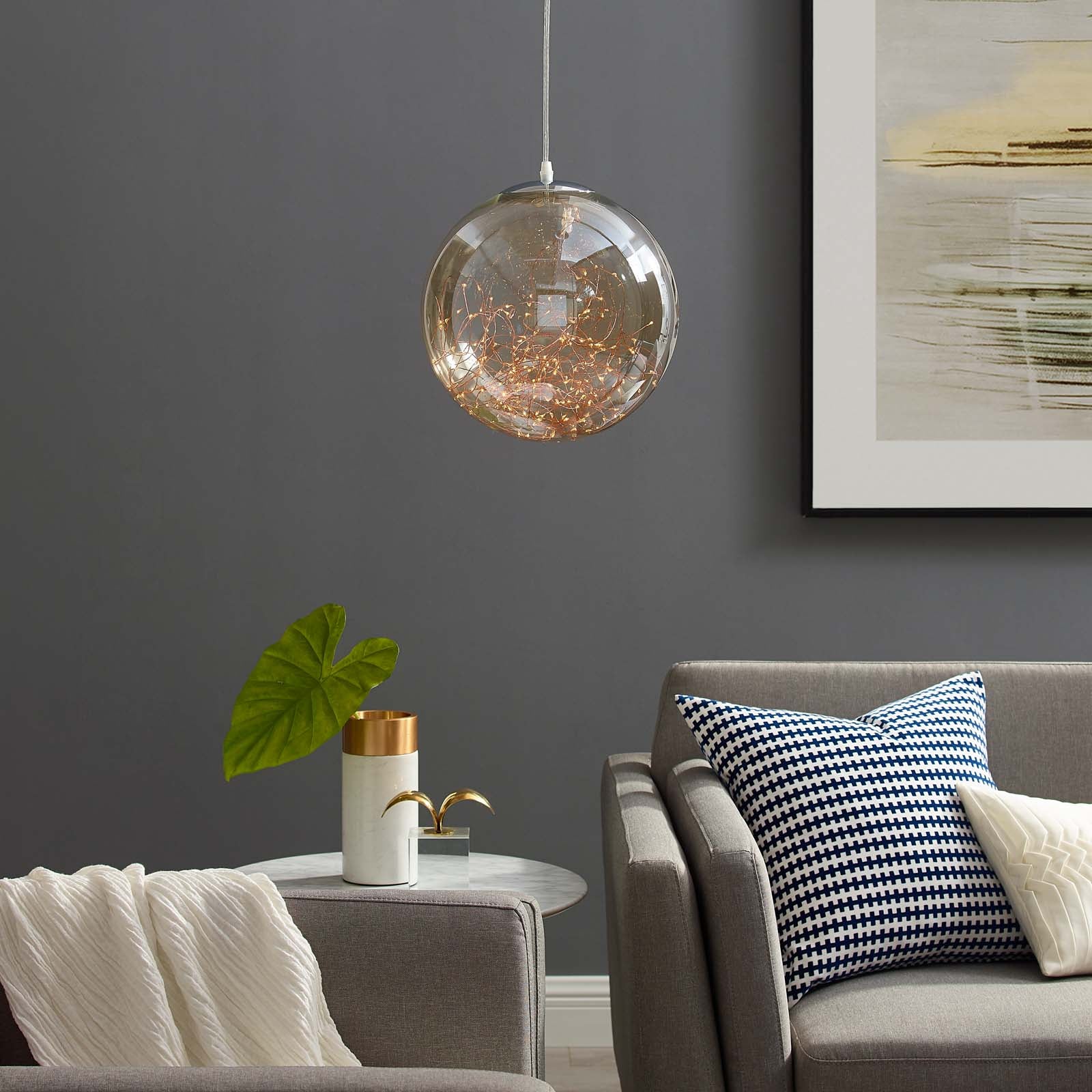 Modway Ceiling Lights - Fairy 8" Amber Glass Globe Ceiling Light Pendant Chandelier Chrome