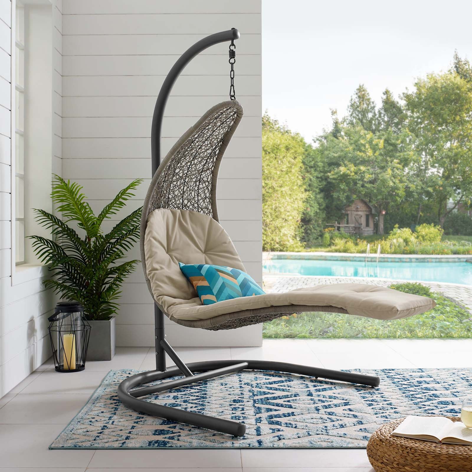 Modway Outdoor Swings - Landscape Hanging Chaise Lounge Outdoor Patio Swing Chair Light Gray Beige