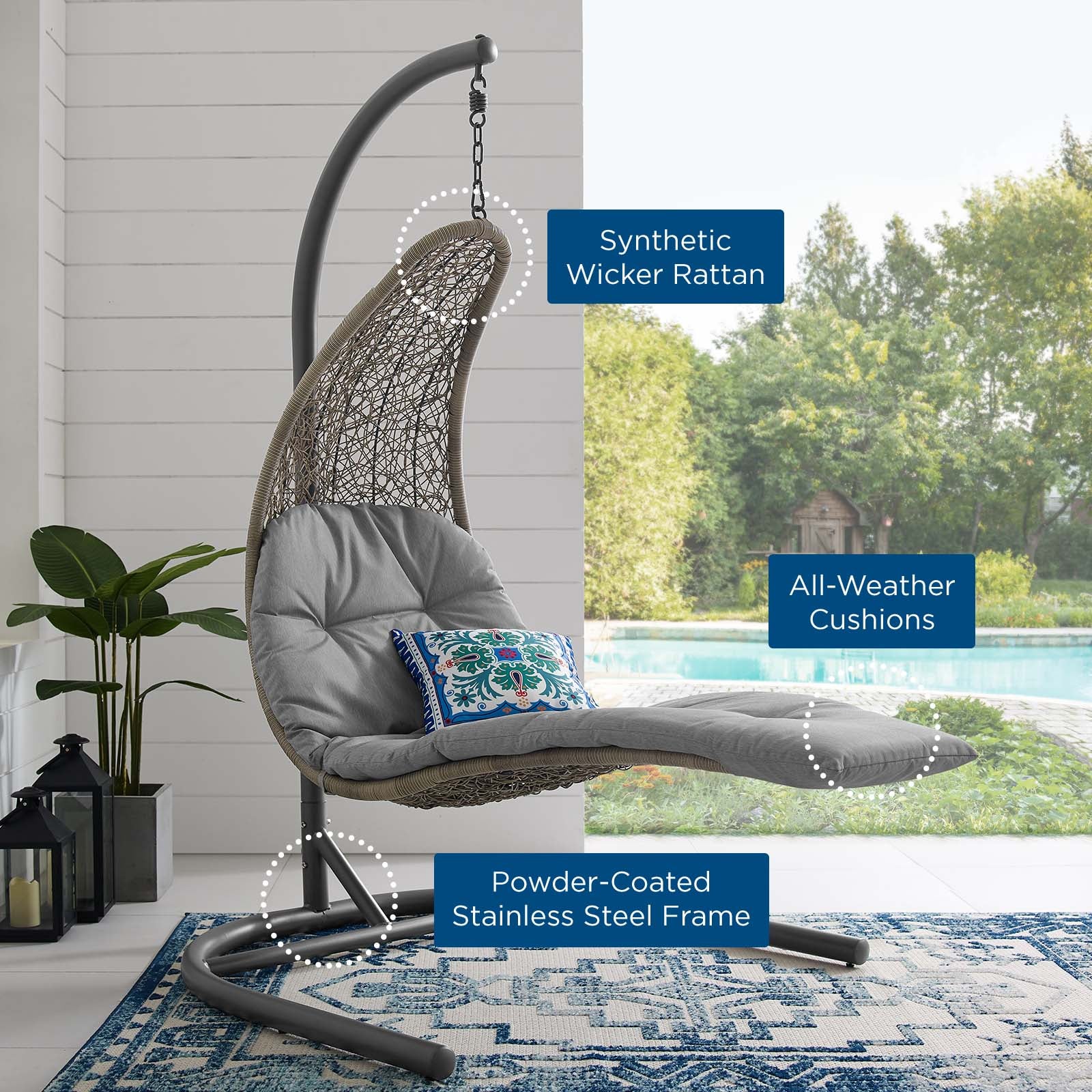 Modway Outdoor Swings - Landscape Hanging Chaise Lounge Outdoor Patio Swing Chair Light Gray