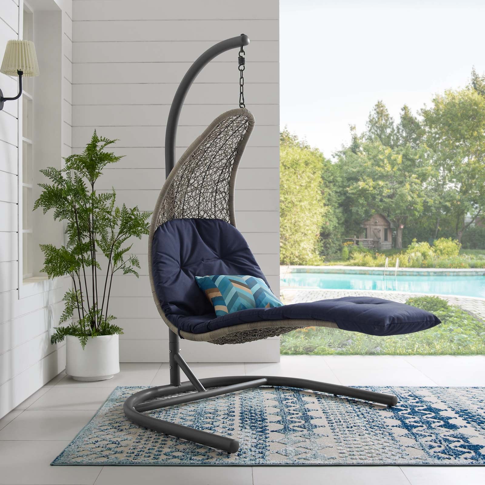 Modway Outdoor Swings - Landscape Hanging Chaise Lounge Outdoor Patio Swing Chair Light Gray Navy