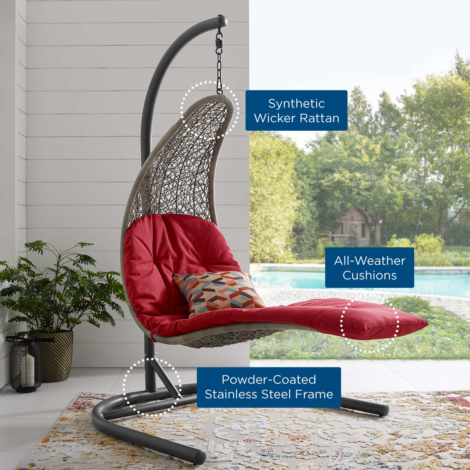 Modway Outdoor Swings - Landscape Hanging Chaise Lounge Outdoor Patio Swing Chair Light Gray Red