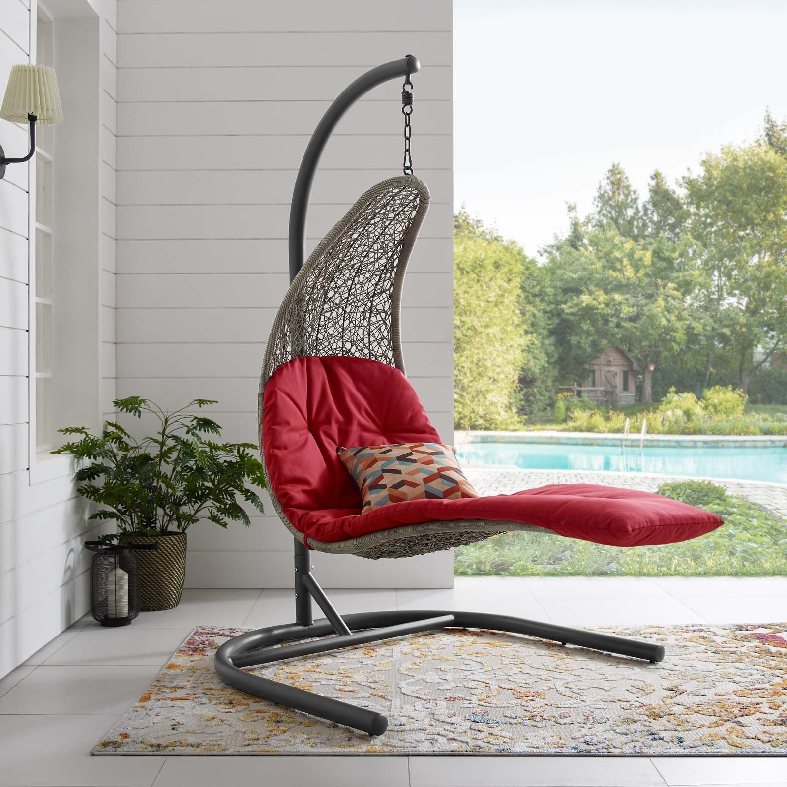 Modway Outdoor Swings - Landscape Hanging Chaise Lounge Outdoor Patio Swing Chair Light Gray Red