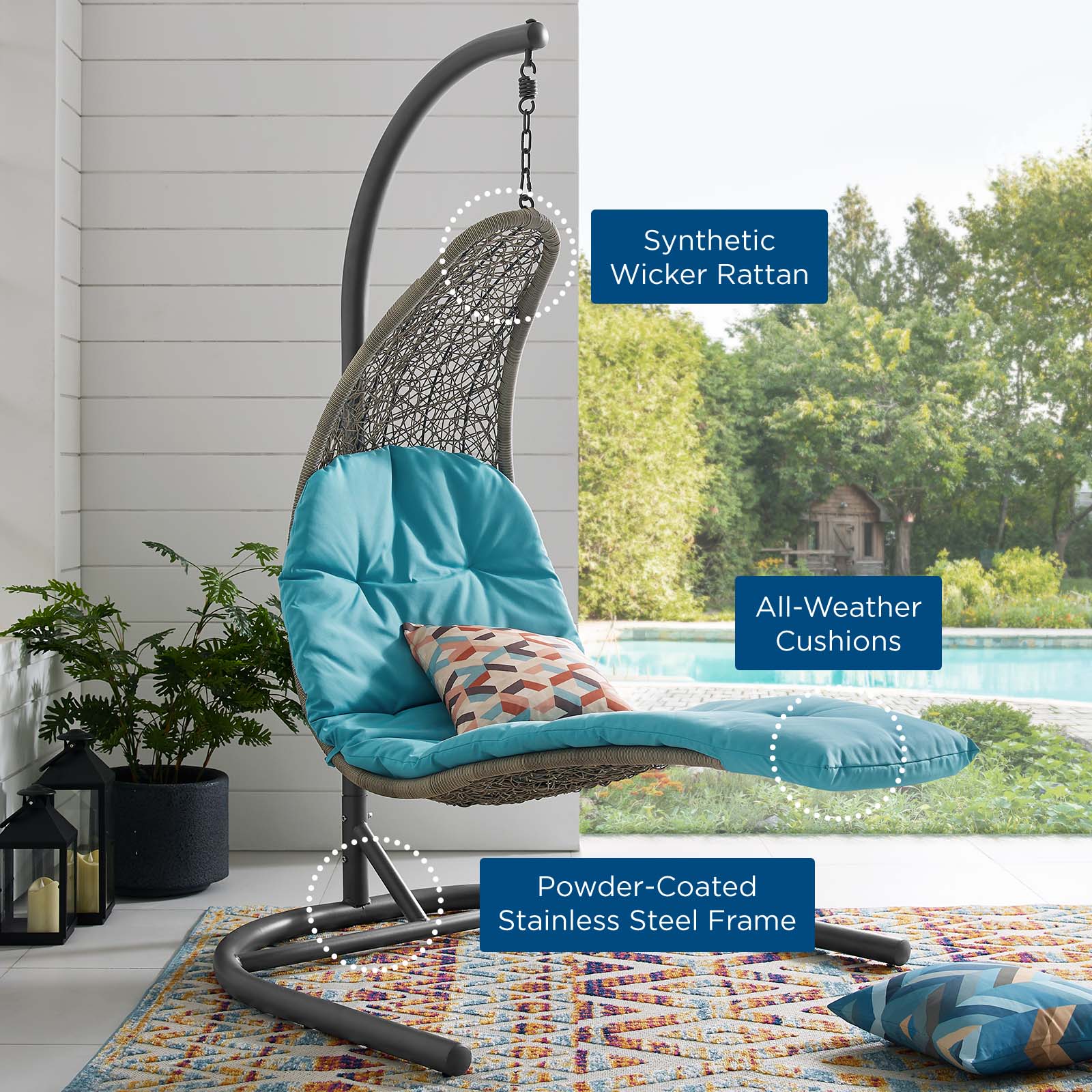 Modway Outdoor Swings - Landscape Hanging Chaise Lounge Outdoor Patio Swing Chair Light Gray Turquoise