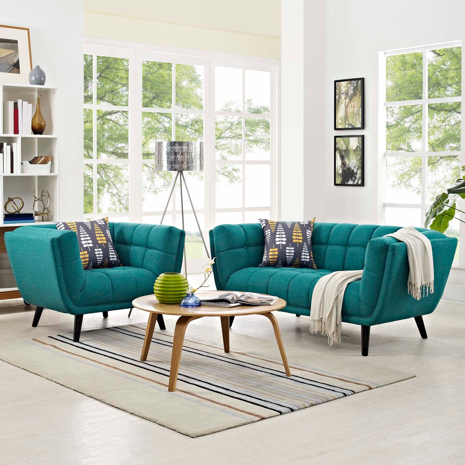 Modway Living Room Sets - Bestow 2 Piece Upholstered Fabric Loveseat and Armchair Set Teal