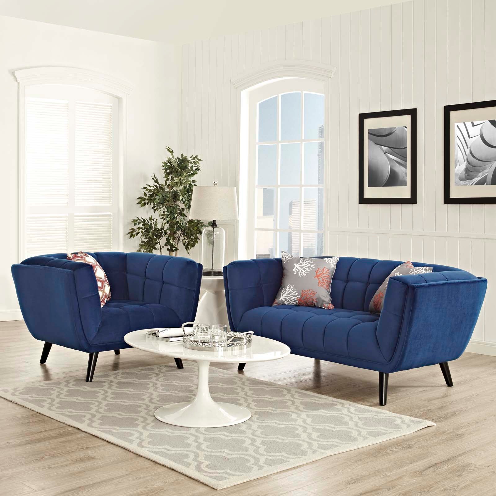 Modway Living Room Sets - Bestow 2 Piece Performance Velvet Loveseat and Armchair Set Navy