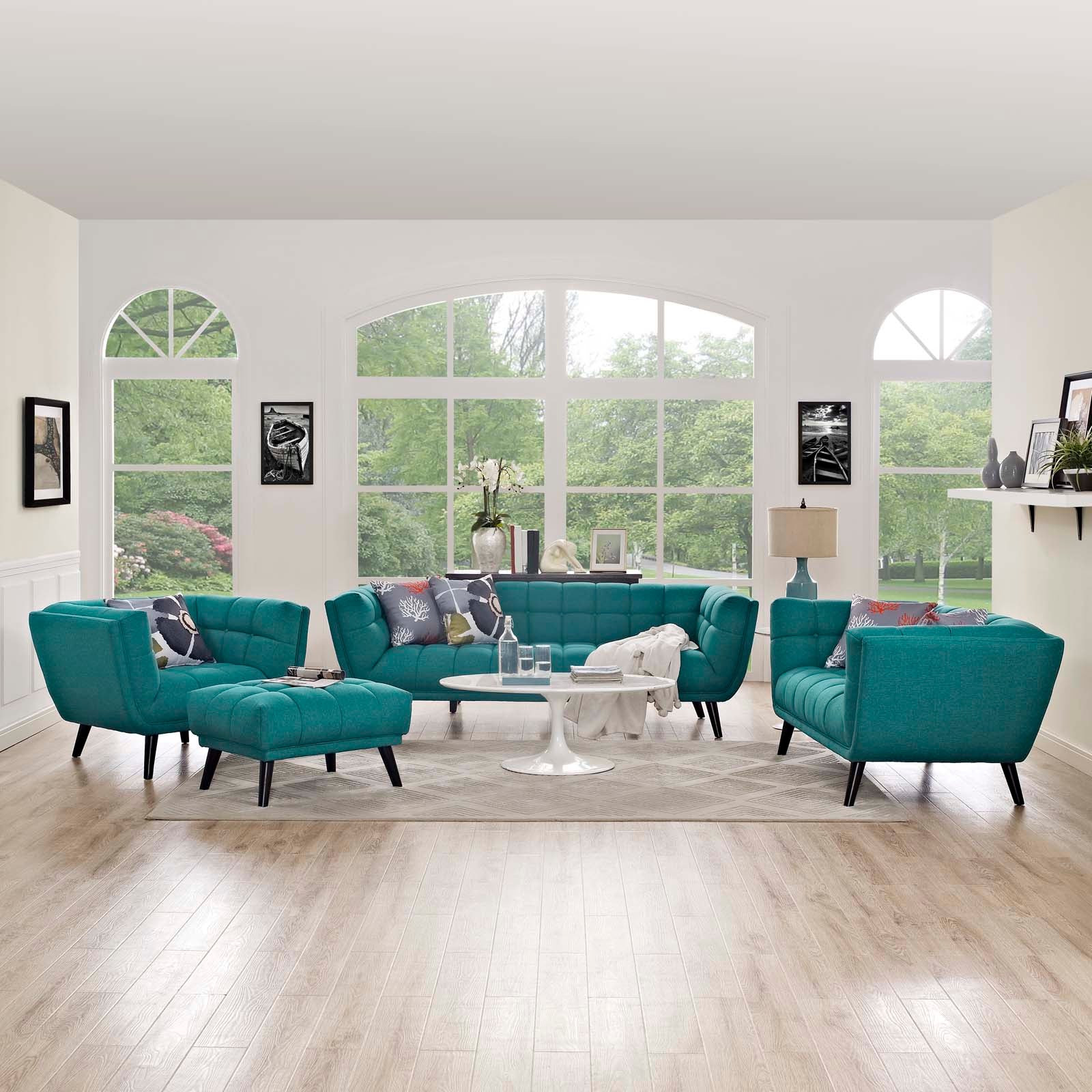 Modway Living Room Sets - Bestow 3 Piece Upholstered Fabric Sofa Loveseat and Armchair Set Teal