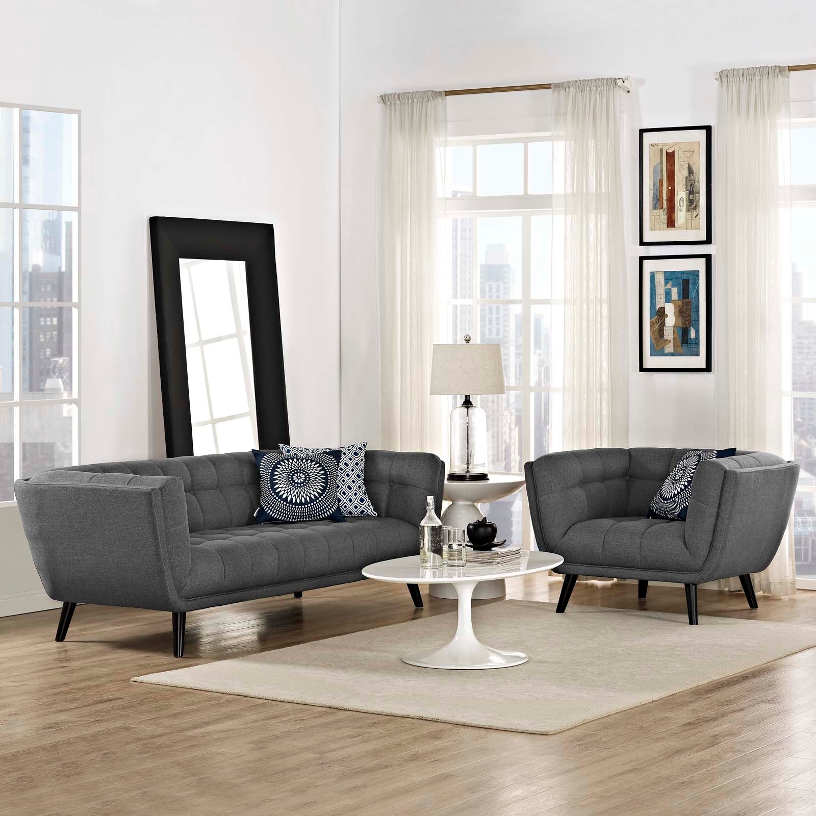 Modway Living Room Sets - Bestow 2 Piece Upholstered Fabric Sofa and Armchair Set Gray
