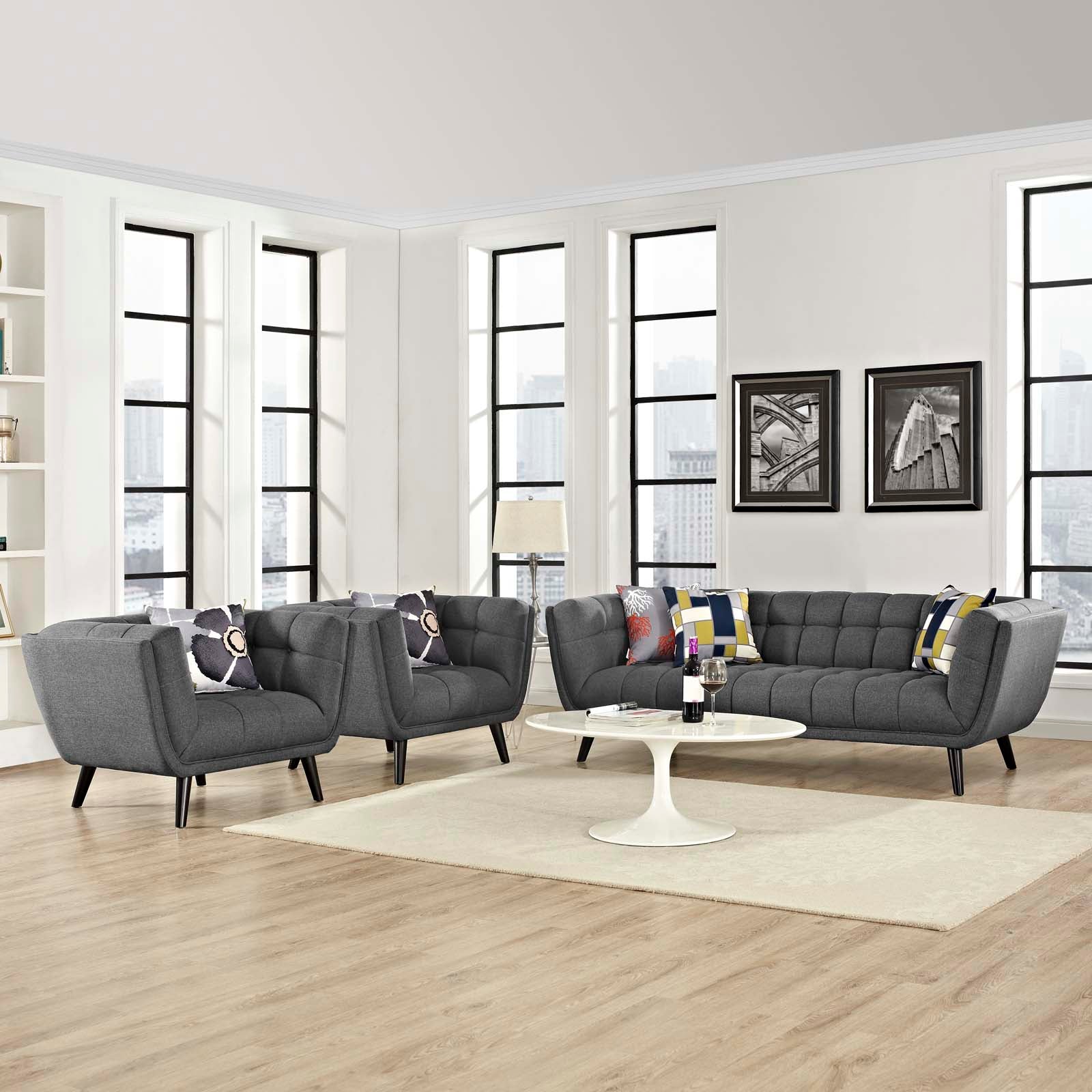 Modway Living Room Sets - Bestow 3 Piece Upholstered Fabric Sofa and Armchair Set Gray