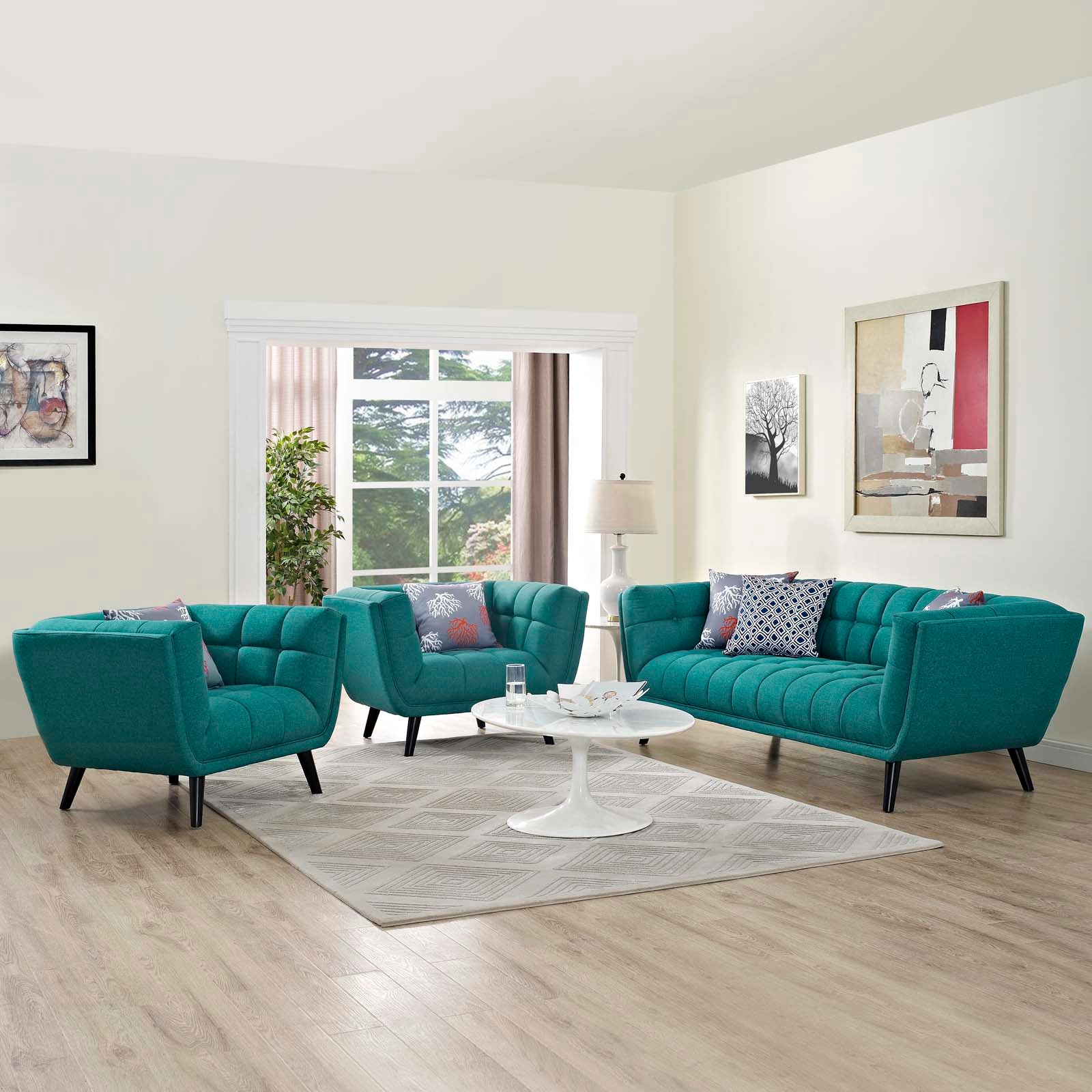 Modway Living Room Sets - Bestow 3 Piece Upholstered Fabric Sofa and Armchair Set Teal