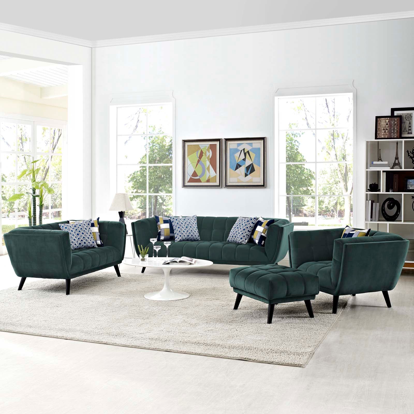 Modway Living Room Sets - Bestow 3 Piece Performance Velvet Sofa Loveseat and Armchair Set Green