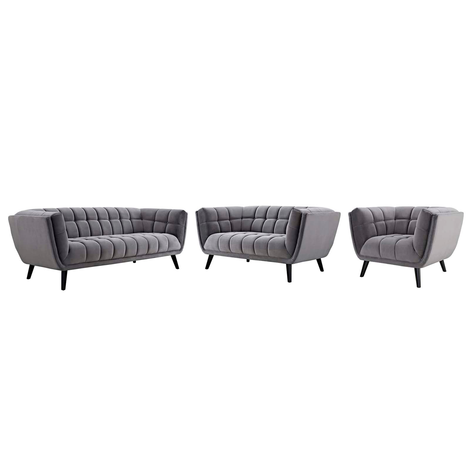Modway Living Room Sets - Bestow 3 Piece Performance Velvet Sofa Loveseat and Armchair Set Gray