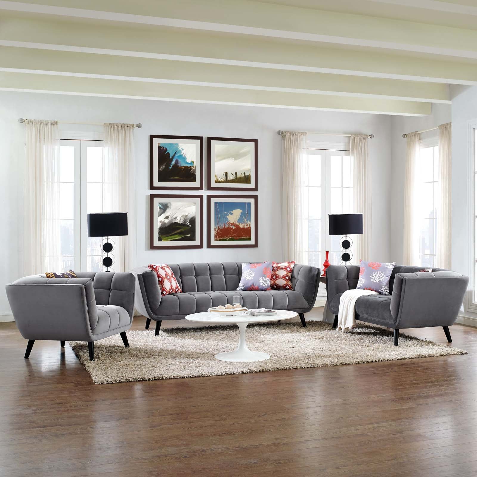 Modway Living Room Sets - Bestow 3 Piece Performance Velvet Sofa Loveseat and Armchair Set Gray