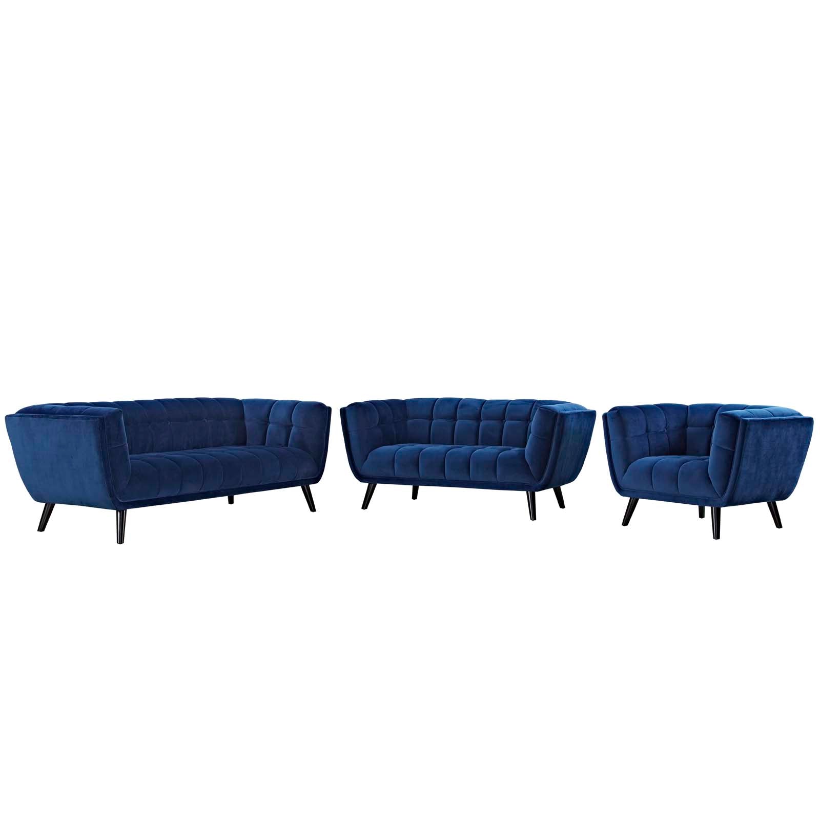 Modway Living Room Sets - Bestow 3 Piece Performance Velvet Sofa Loveseat and Armchair Set Navy
