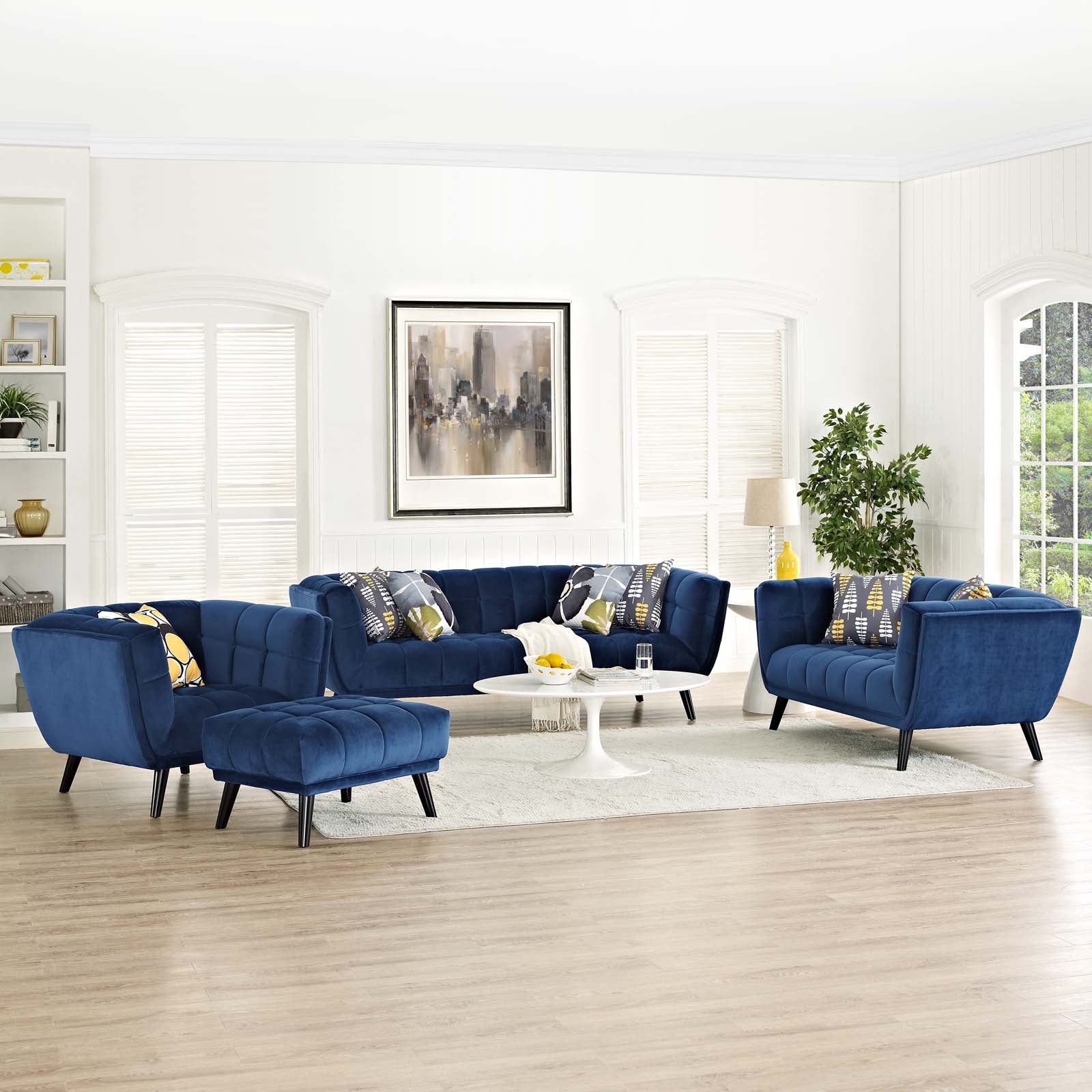 Modway Living Room Sets - Bestow 3 Piece Performance Velvet Sofa Loveseat and Armchair Set Navy