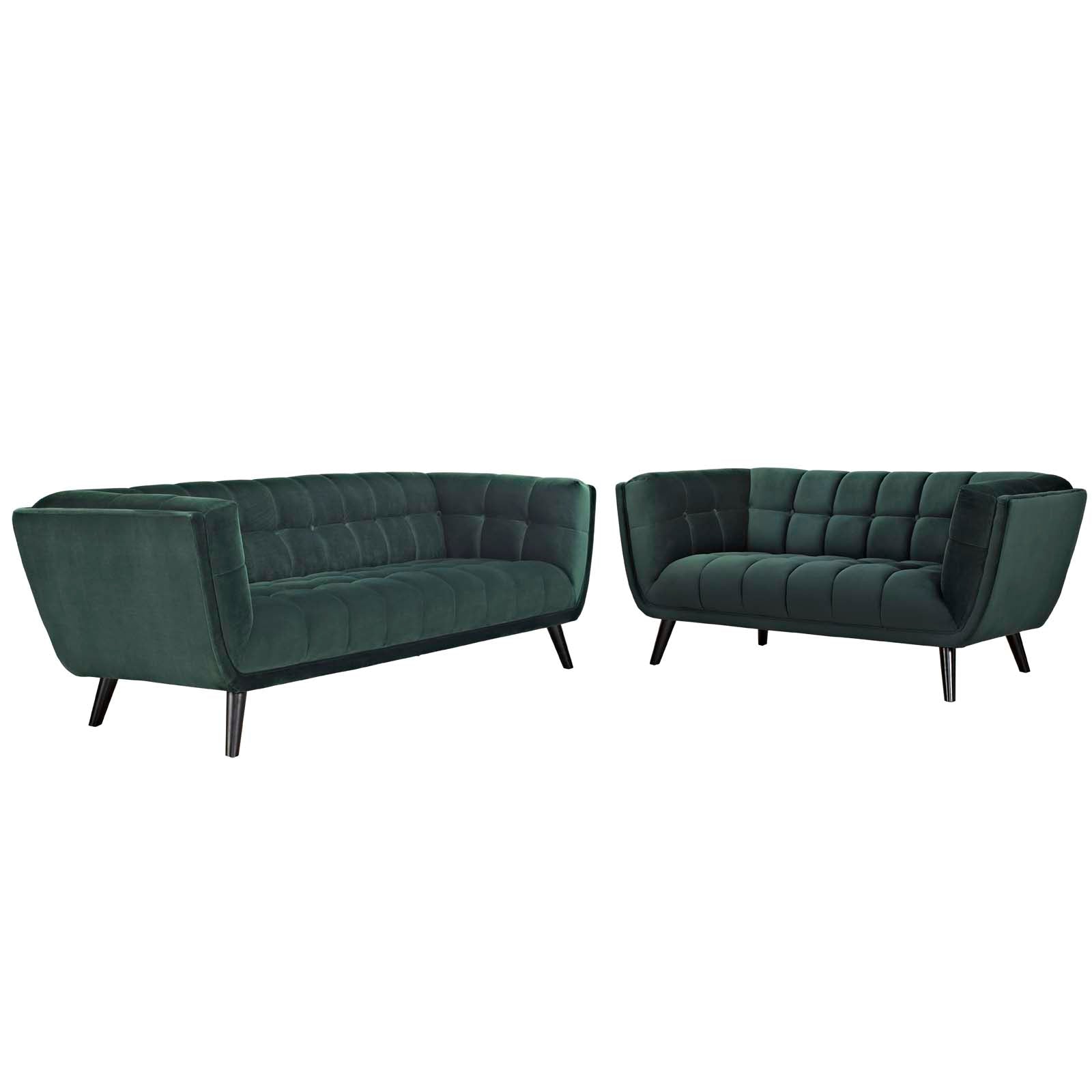 Modway Living Room Sets - Bestow 2 Piece Performance Velvet Sofa and Loveseat Set Green