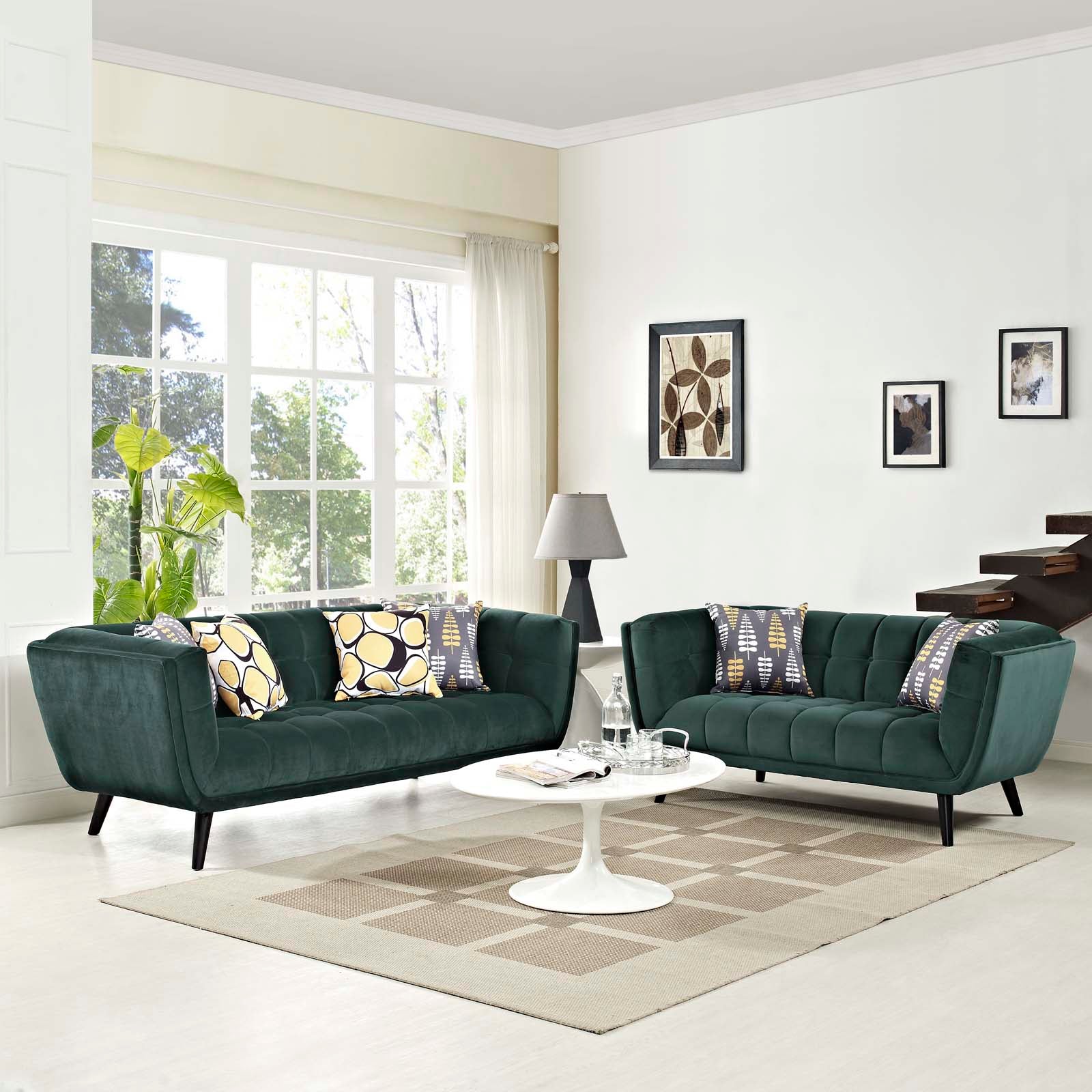 Modway Living Room Sets - Bestow 2 Piece Performance Velvet Sofa and Loveseat Set Green