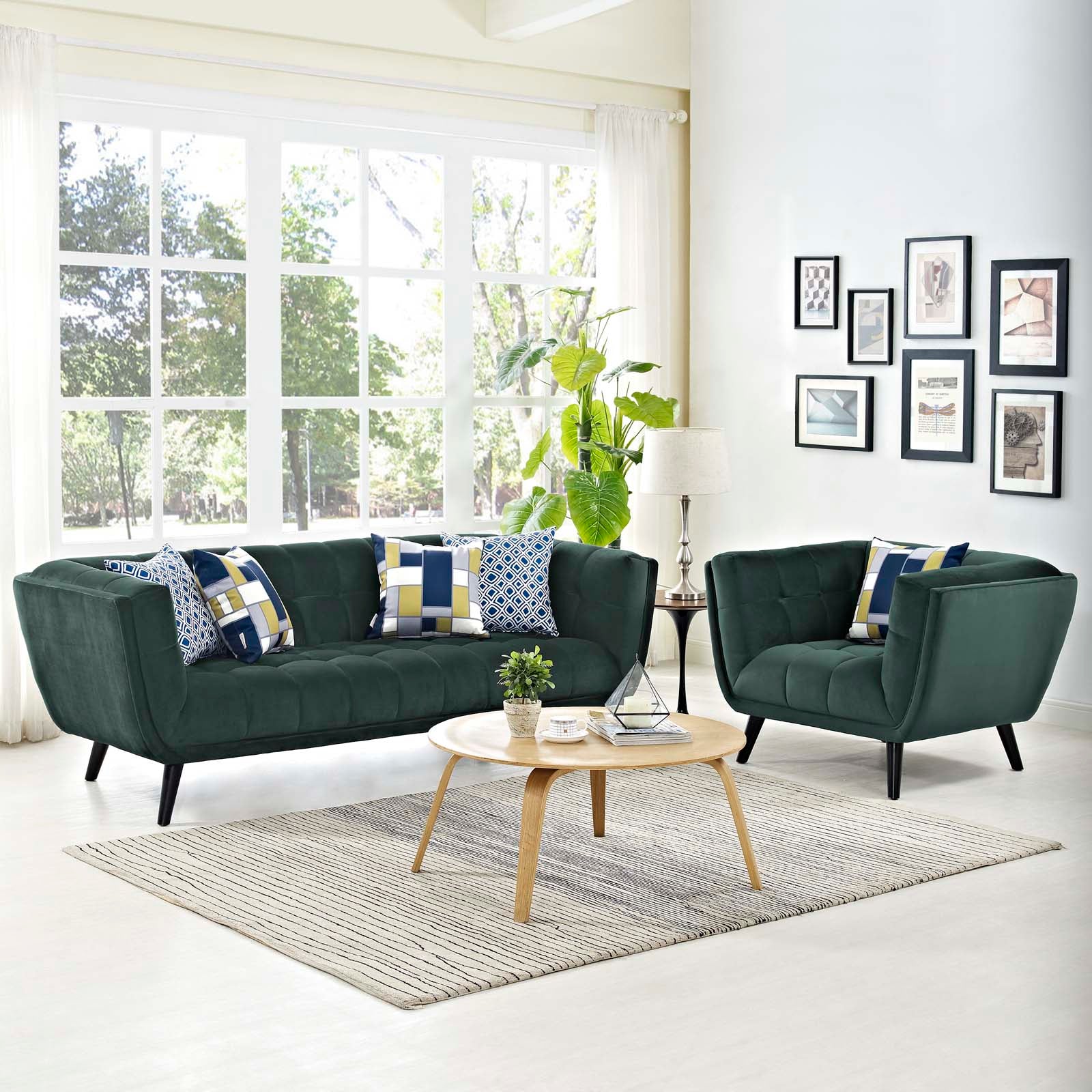 Modway Living Room Sets - Bestow 2 Piece Performance Velvet Sofa and Armchair Set Green