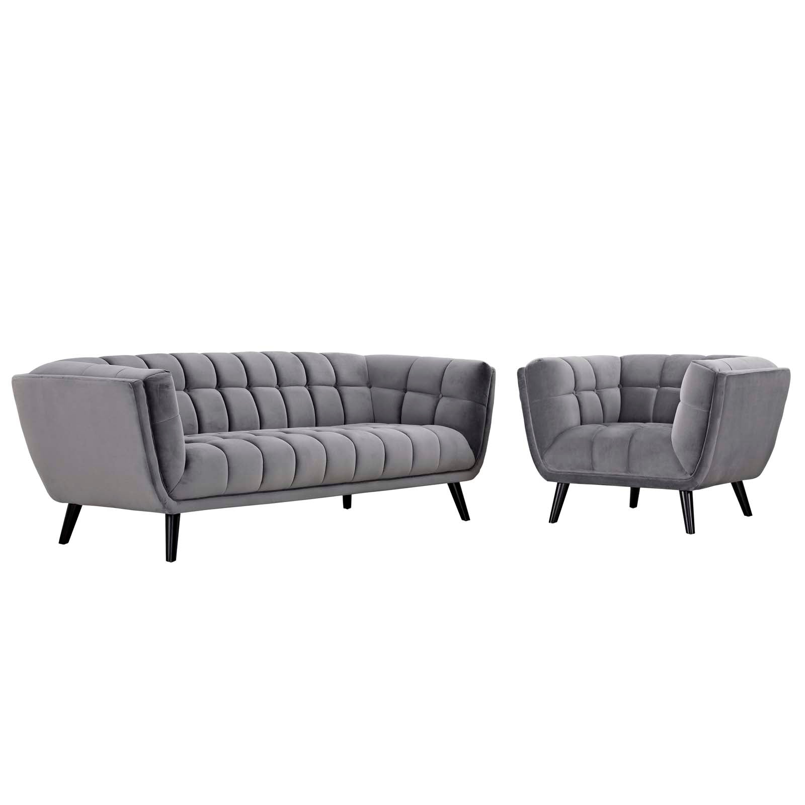 Modway Living Room Sets - Bestow 2 Piece Performance Velvet Sofa and Armchair Set Gray