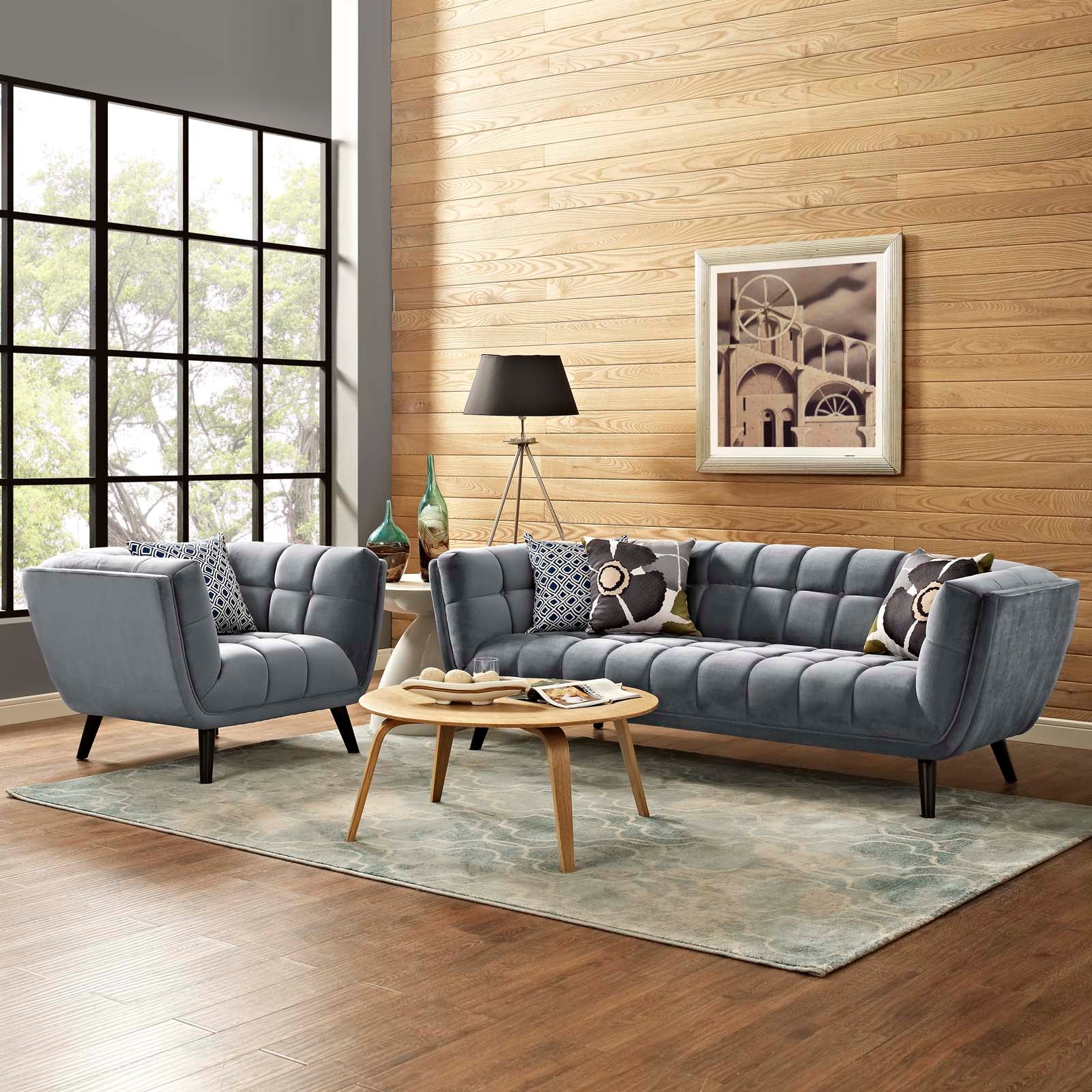Modway Living Room Sets - Bestow 2 Piece Performance Velvet Sofa and Armchair Set Gray