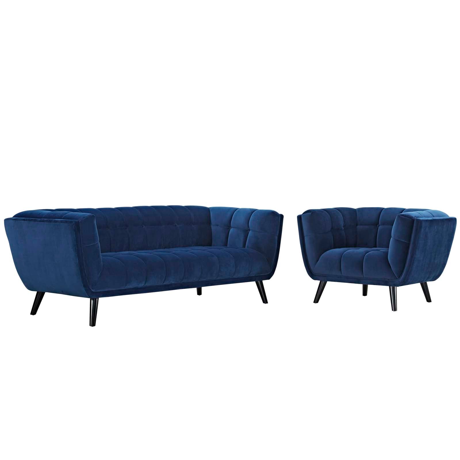 Modway Living Room Sets - Bestow 2 Piece Performance Velvet Sofa and Armchair Set Navy