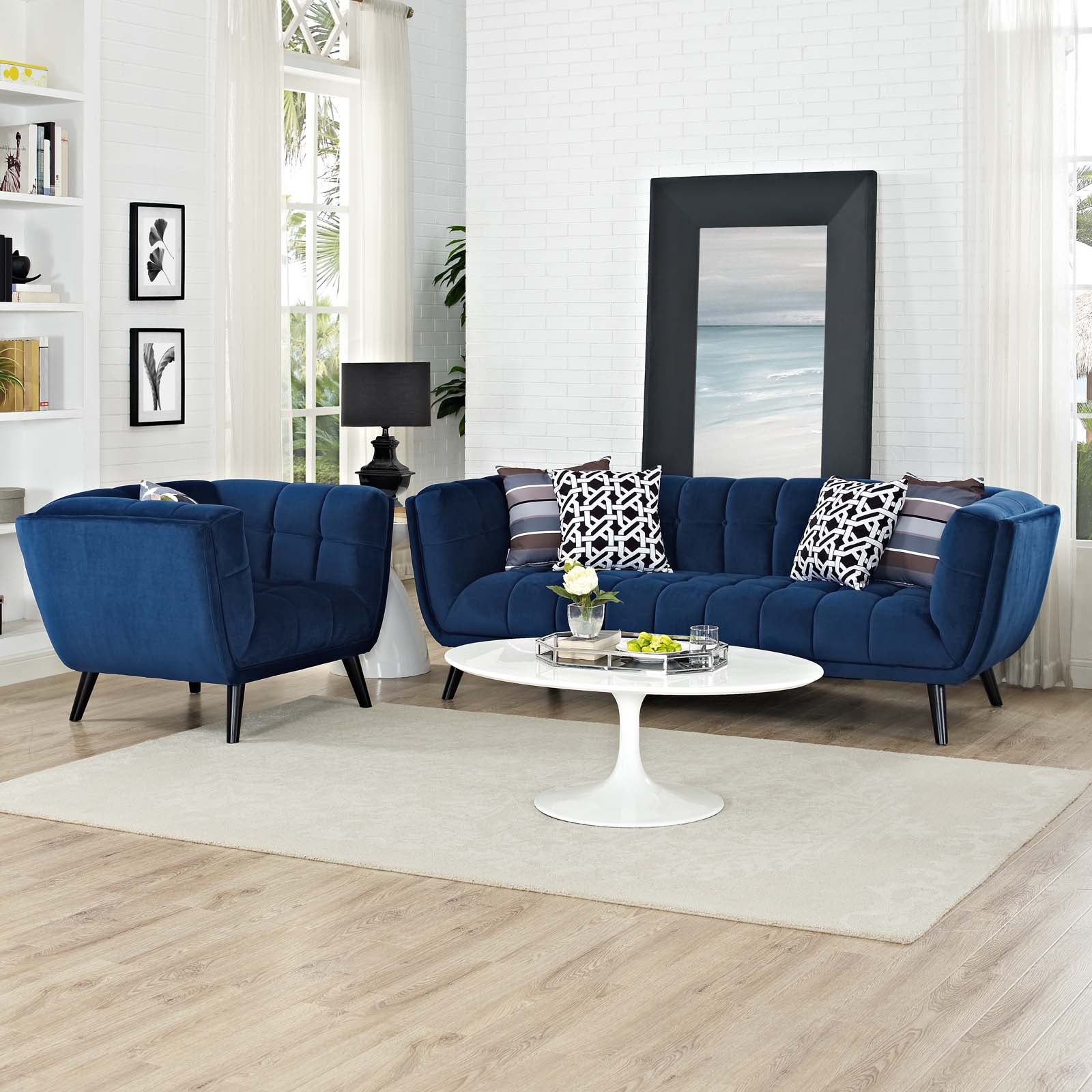 Modway Living Room Sets - Bestow 2 Piece Performance Velvet Sofa and Armchair Set Navy