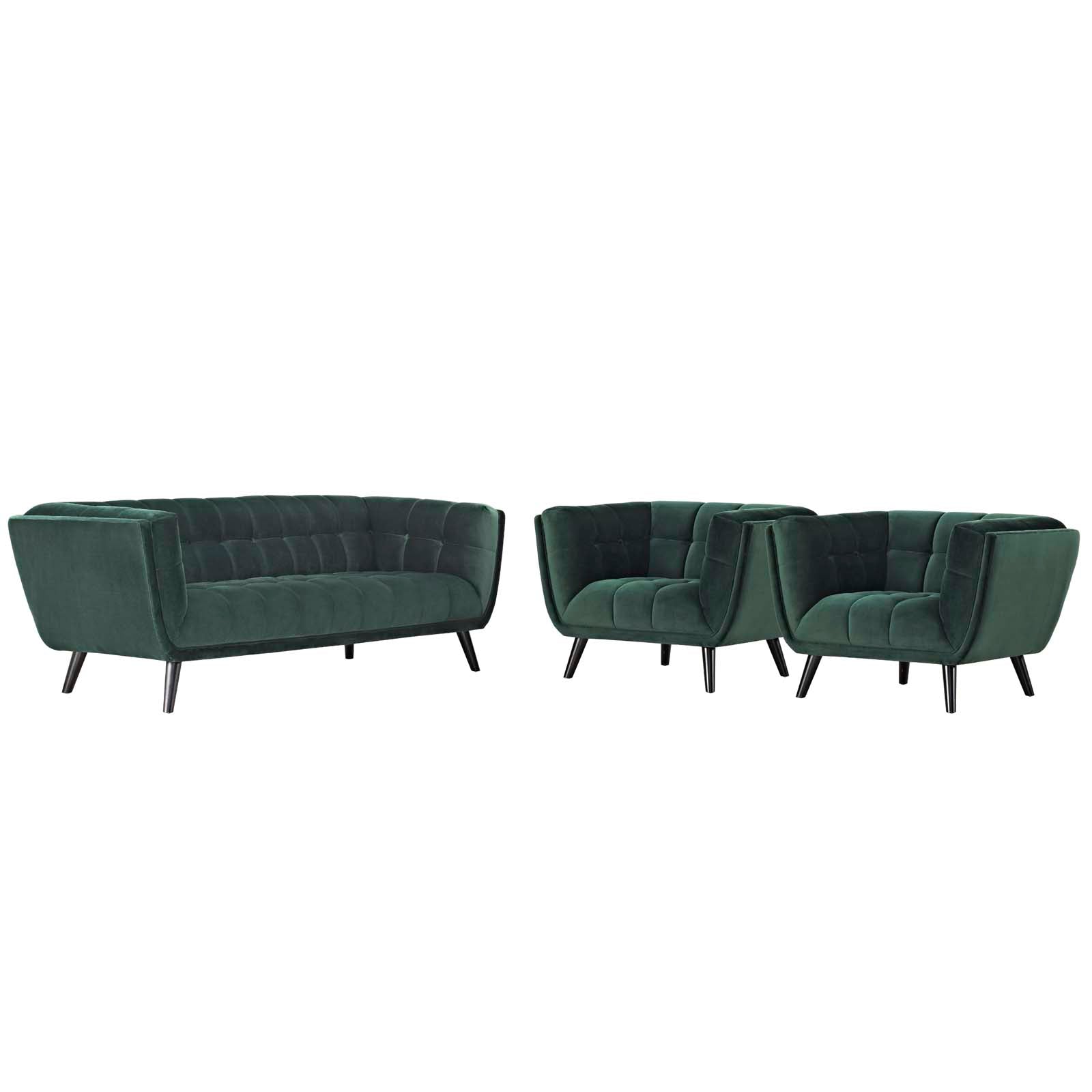 Modway Living Room Sets - Bestow 3 Piece Performance Velvet Sofa and Armchair Set Green